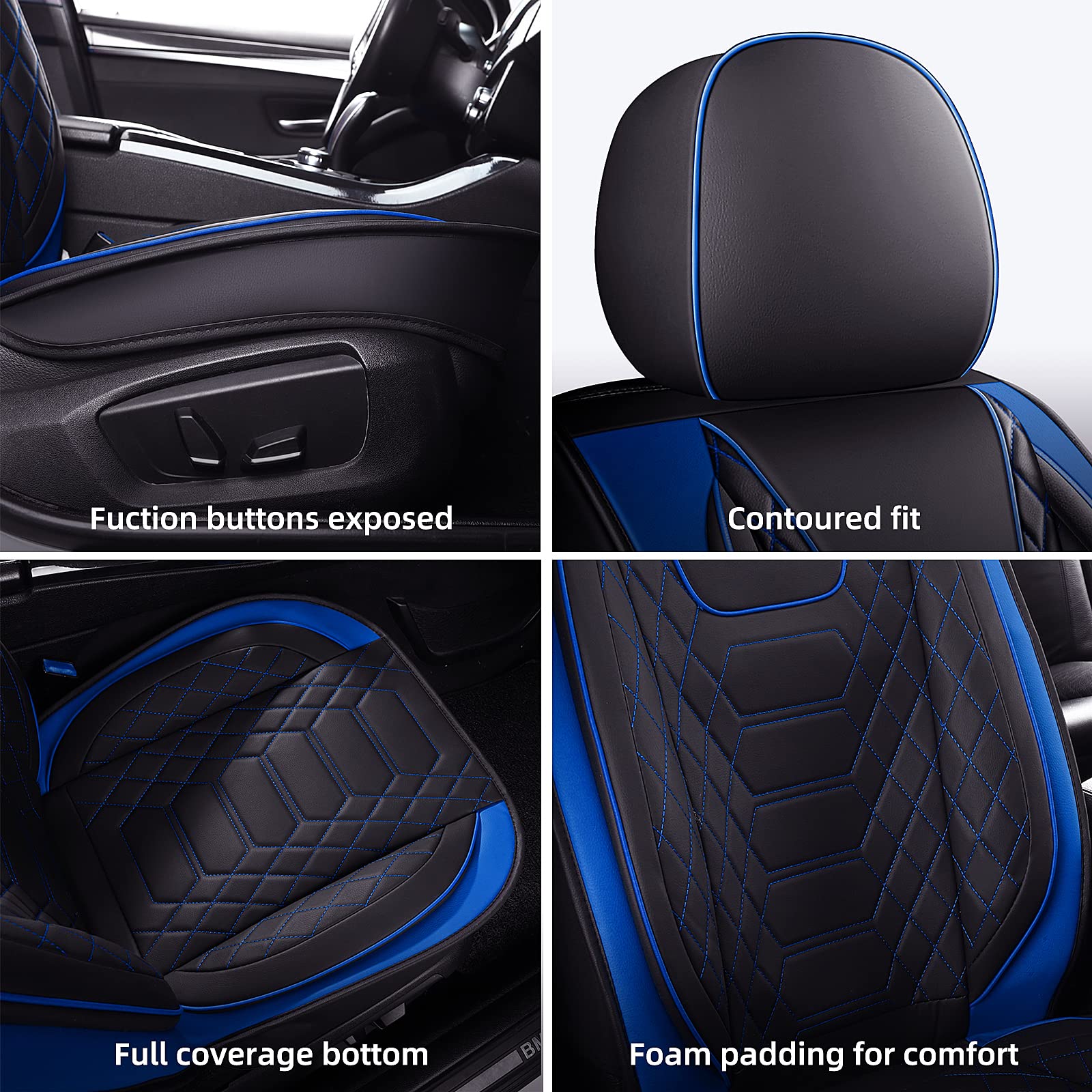 Premium Leather Car Seat Covers Full Set - Universal Fit for 5 Seats, Airbag Compatible & Durable Protection (Black & Blue) | Perfect for SUVs, Sedans & Family Vehicles