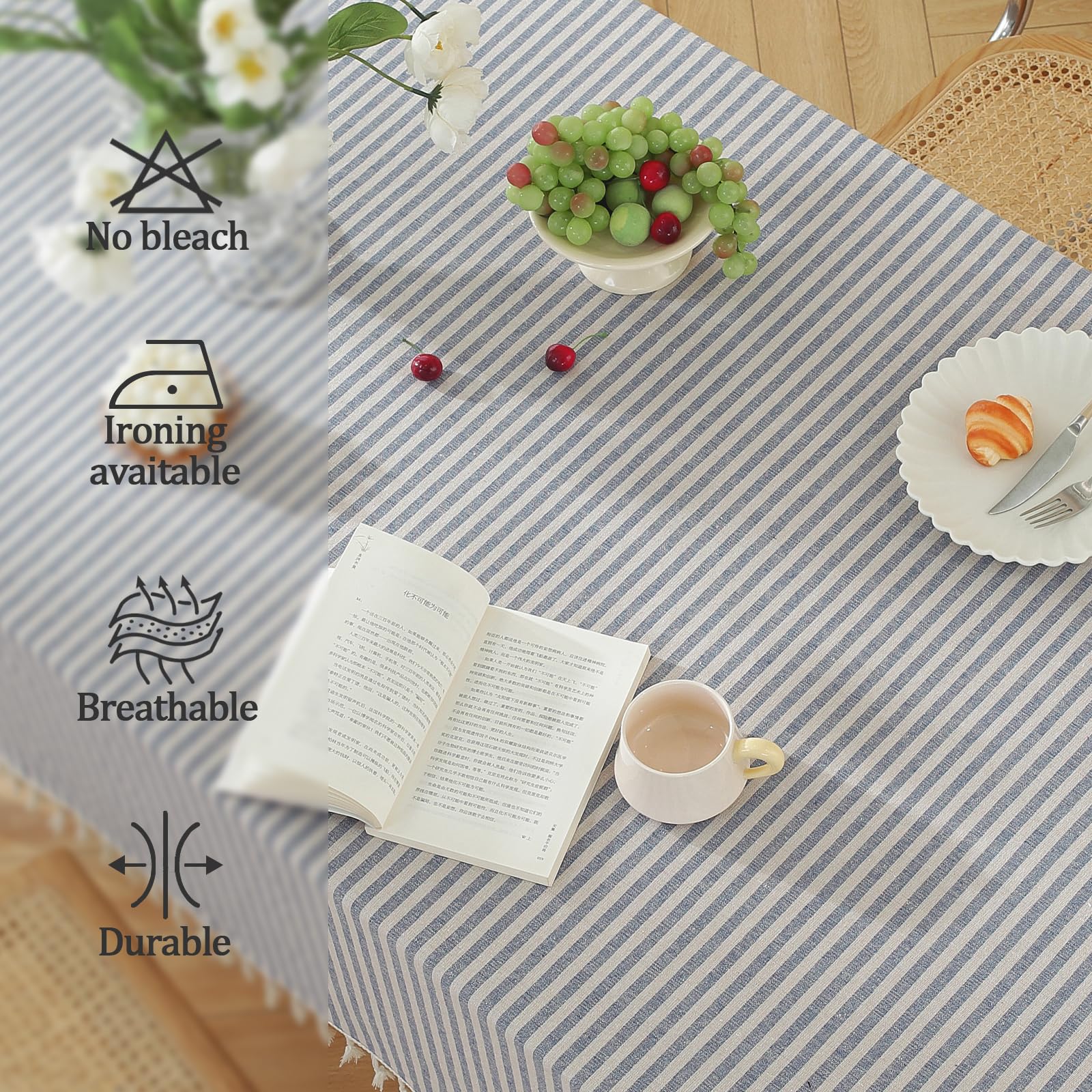 Meioro Blue and White Striped Tablecloth with Tassels - Premium Cotton Linen Dust-Proof Table Cover for Dining, Coffee, Buffet, Kitchen, Picnic Tables - Perfect for Parties, Weddings & Outdoor Events (Blue)
