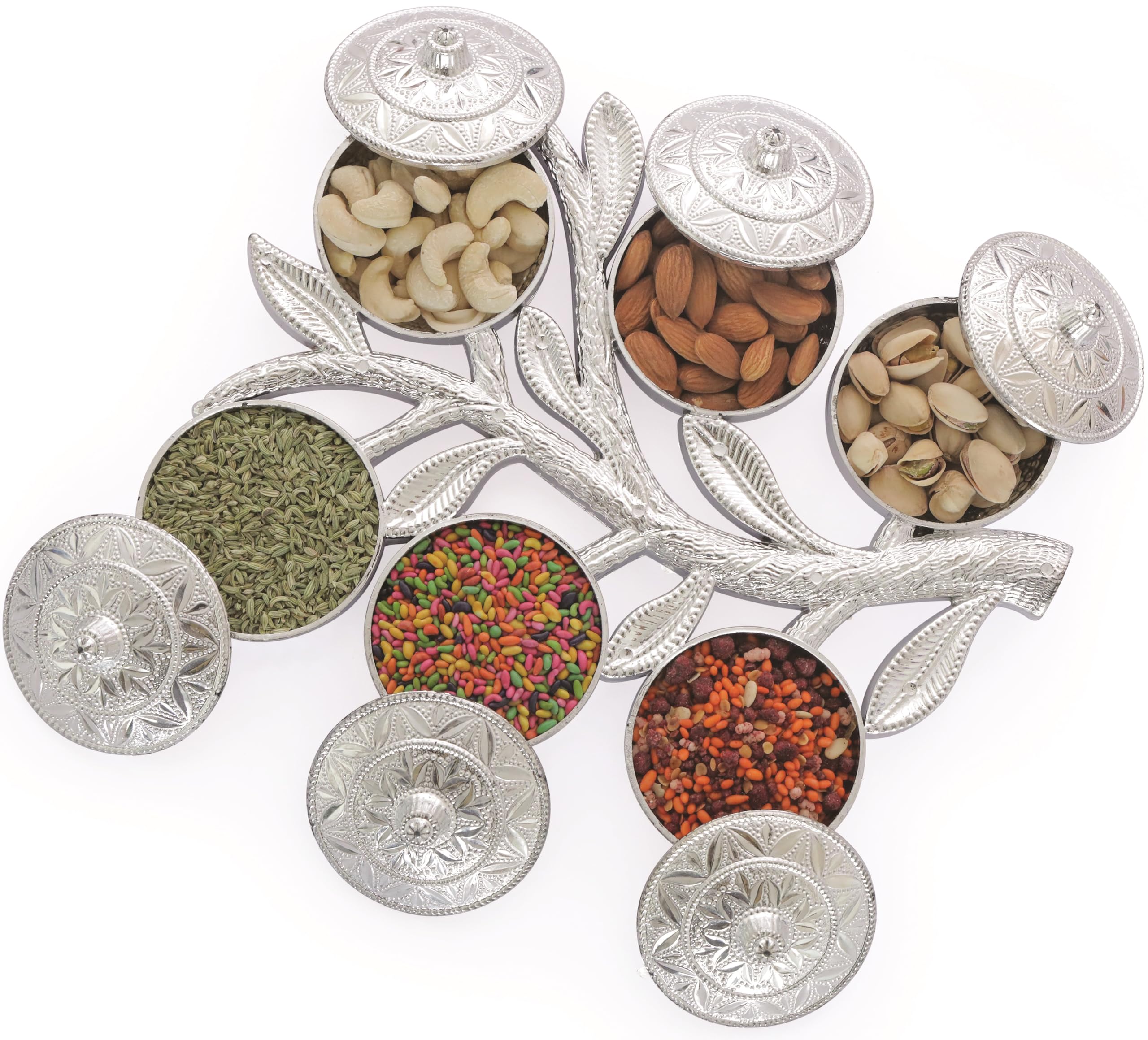 Elegant Silver Tree-Shaped Dry Fruit Serving Tray - 6-Section Traditional Mukhwas Box for Snacks, Nuts & Mouth Fresheners | Perfect for Indian Weddings, Diwali Gifts & Home Decor