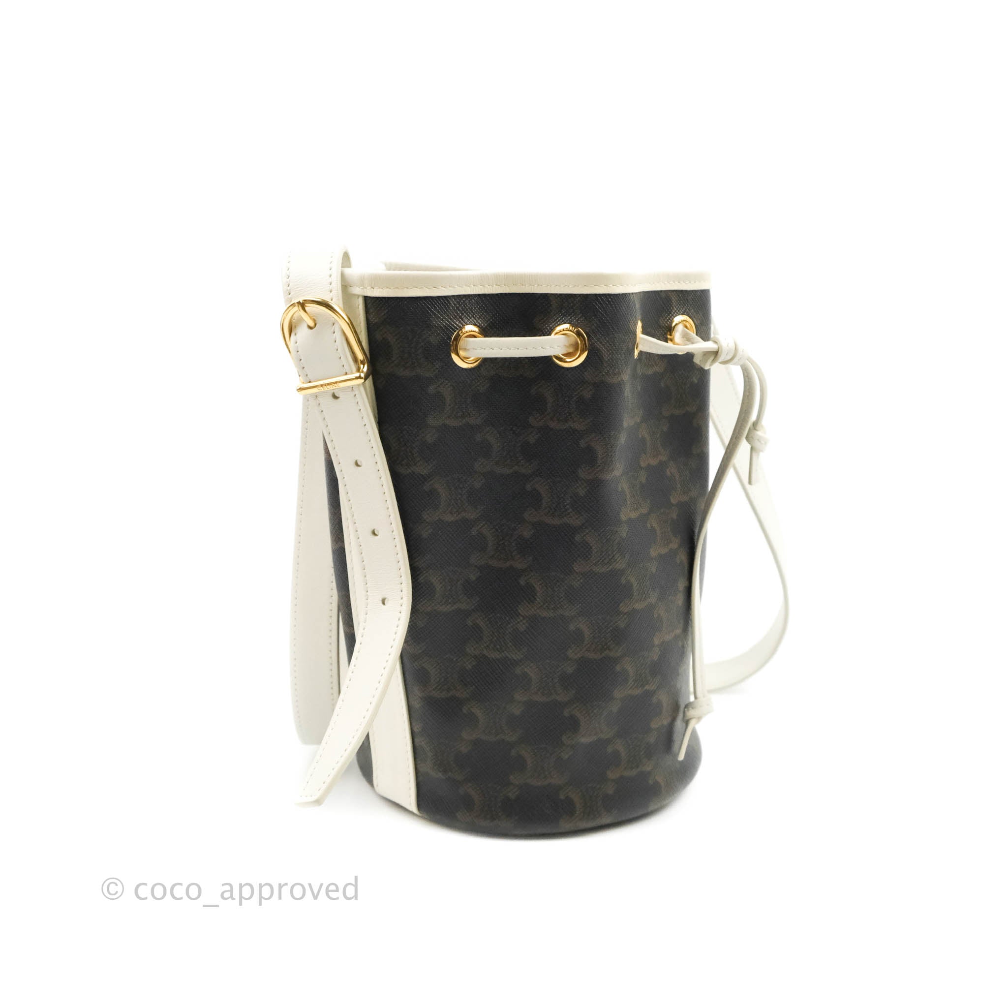 Celine Small Drawstring Bag Triomphe Canvas White Calfskin Leather Crossbody Purse for Women | Luxury Designer Handbag for Everyday Use & Special Occasions