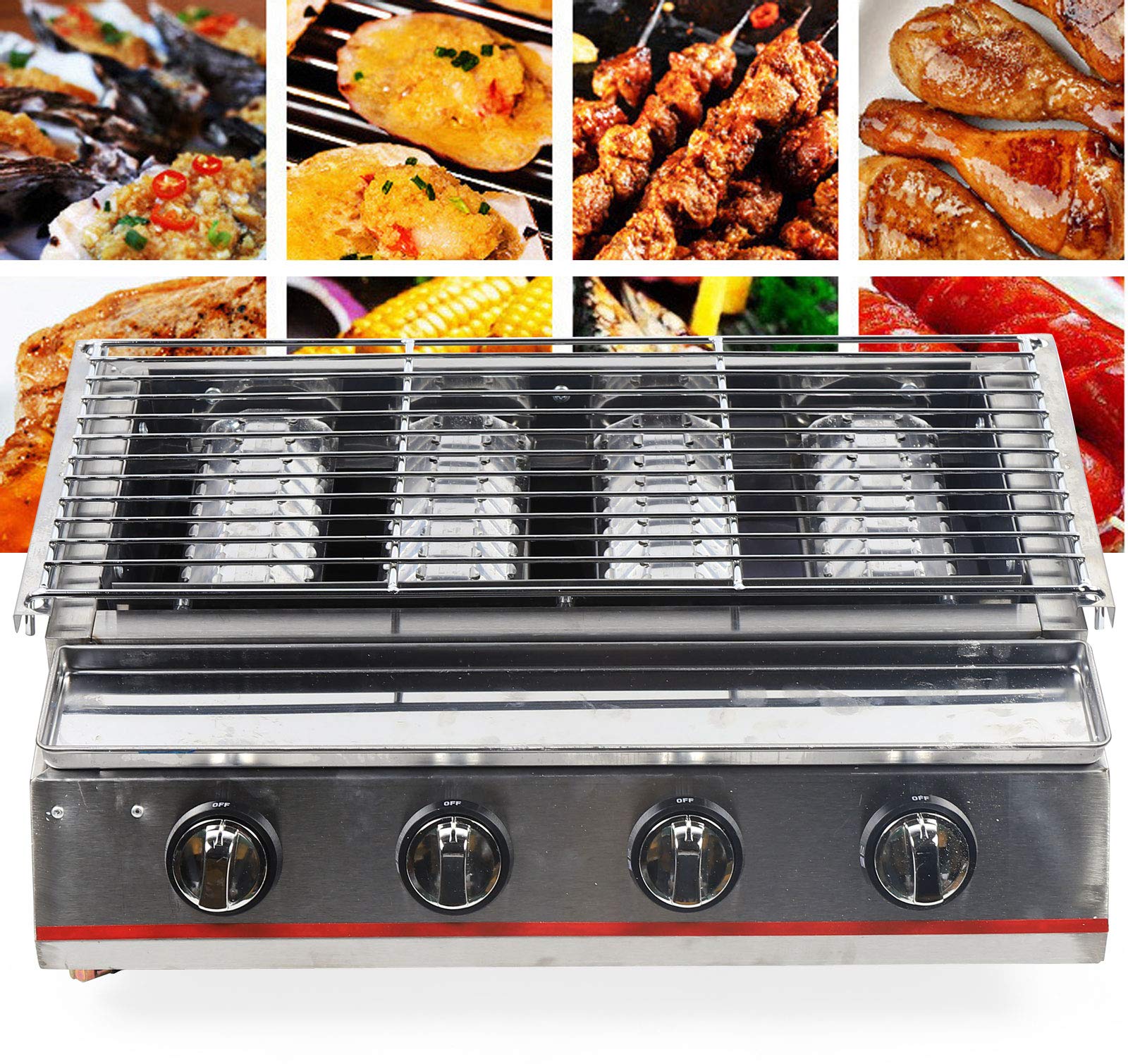4-Burner Commercial Gas BBQ Grill - 2800PA LPG Outdoor Tabletop Cooker, Stainless Steel Multi-Function Grill for Backyard, Camping & Tailgating Parties