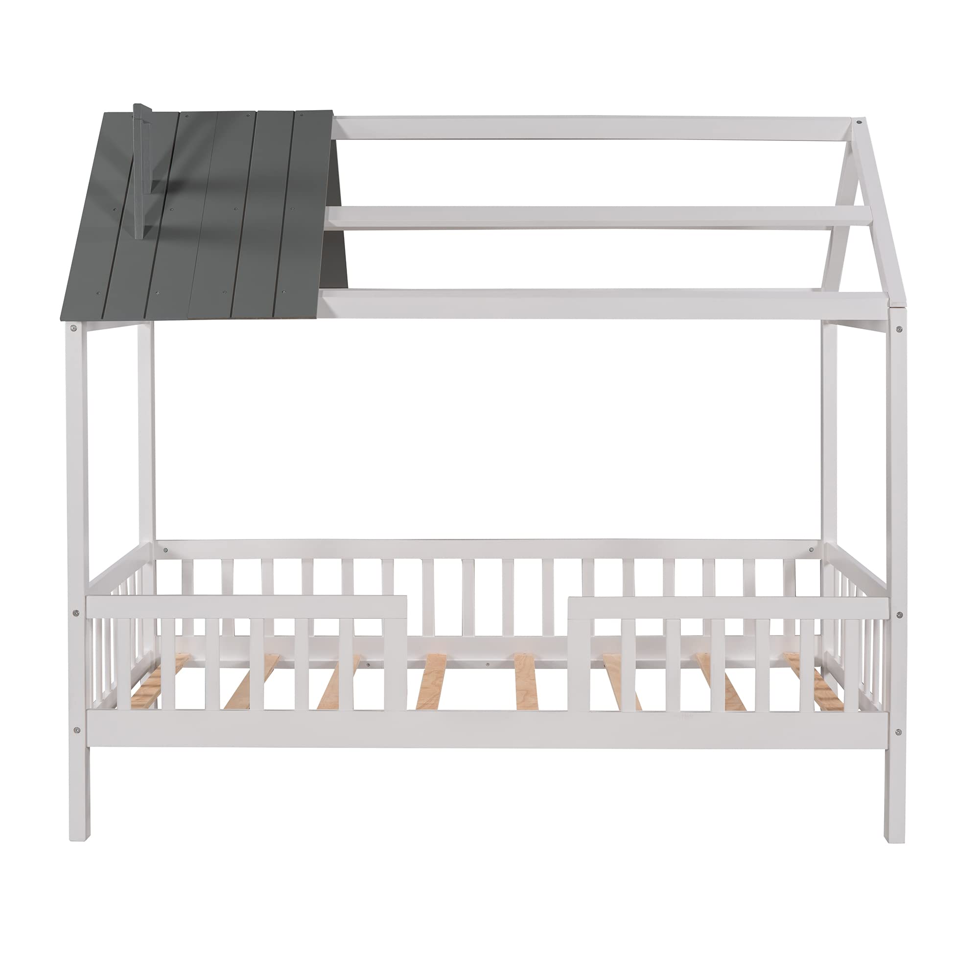 Bellemave Twin House Bed for Kids - Montessori Playhouse Bed Tent with Solid Wood Frame, Safety Fence & Roof - Perfect for Boys & Girls Bedroom (White+Gray) | Ideal for Playtime, Naptime & Imaginative Play