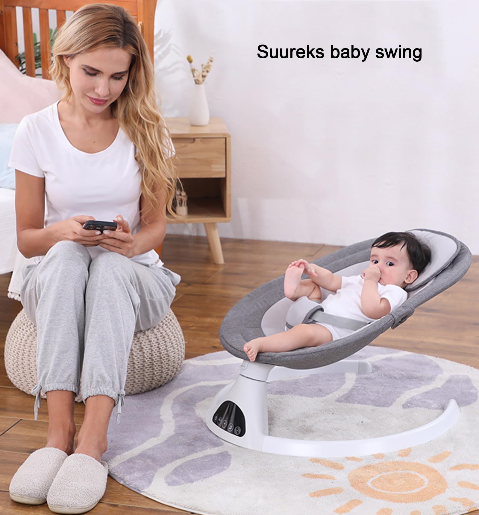 Suureks Baby Swing for Infants - 5 Motion Rocker with LED Touch Panel, Music Speaker & Remote Control | Gentle Swaying for Newborns & Toddlers | Perfect for Nursery, Playtime & Soothing Fussy Babies