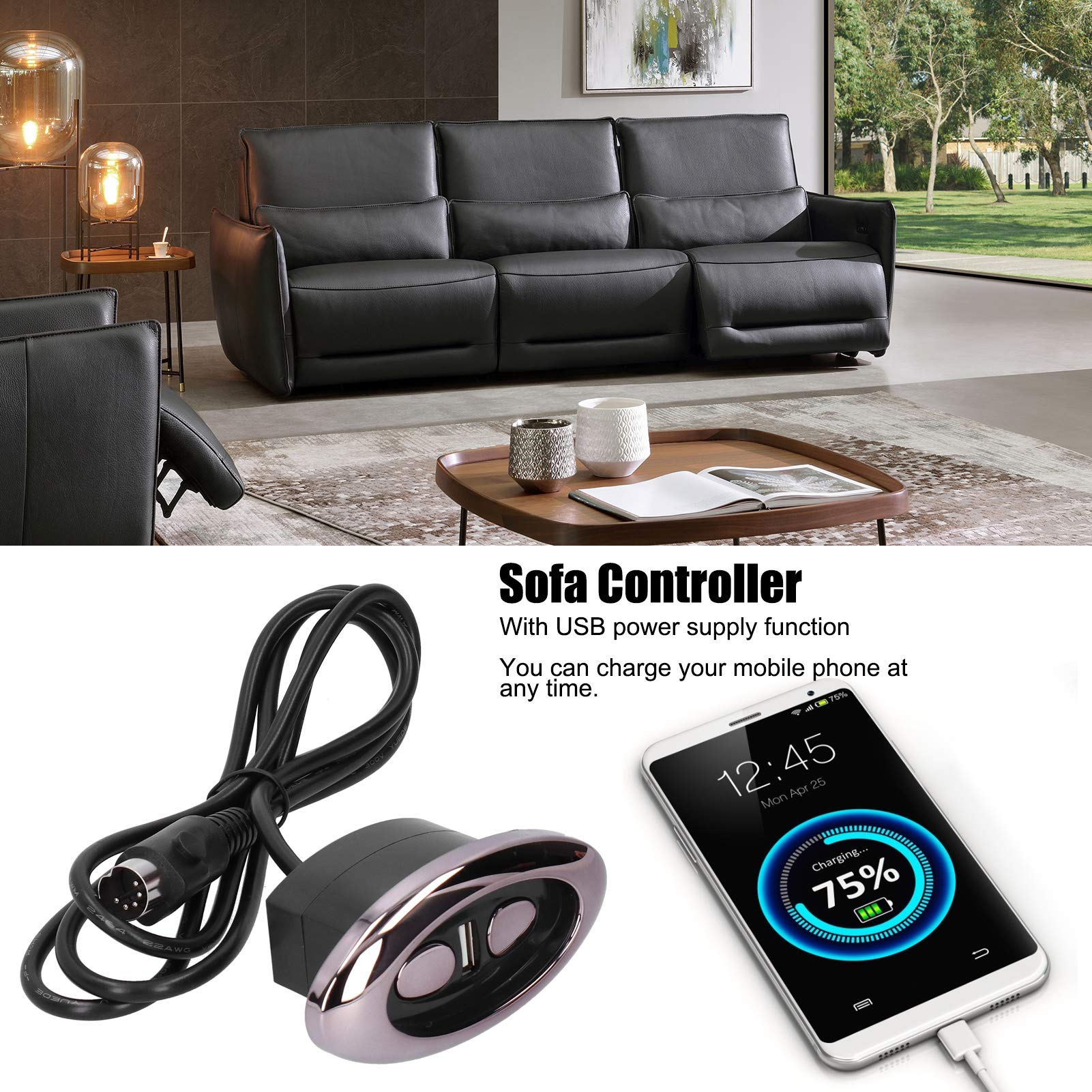 Zerodis Electric Recliner Sofa Controller - 2 Button 5 Pin Hand Switch with USB Power for Lift Chairs | Replacement Part for Power Recliners & Massage Chairs | Perfect for Home Theater Seating, Living Room Furniture & Elderly Care