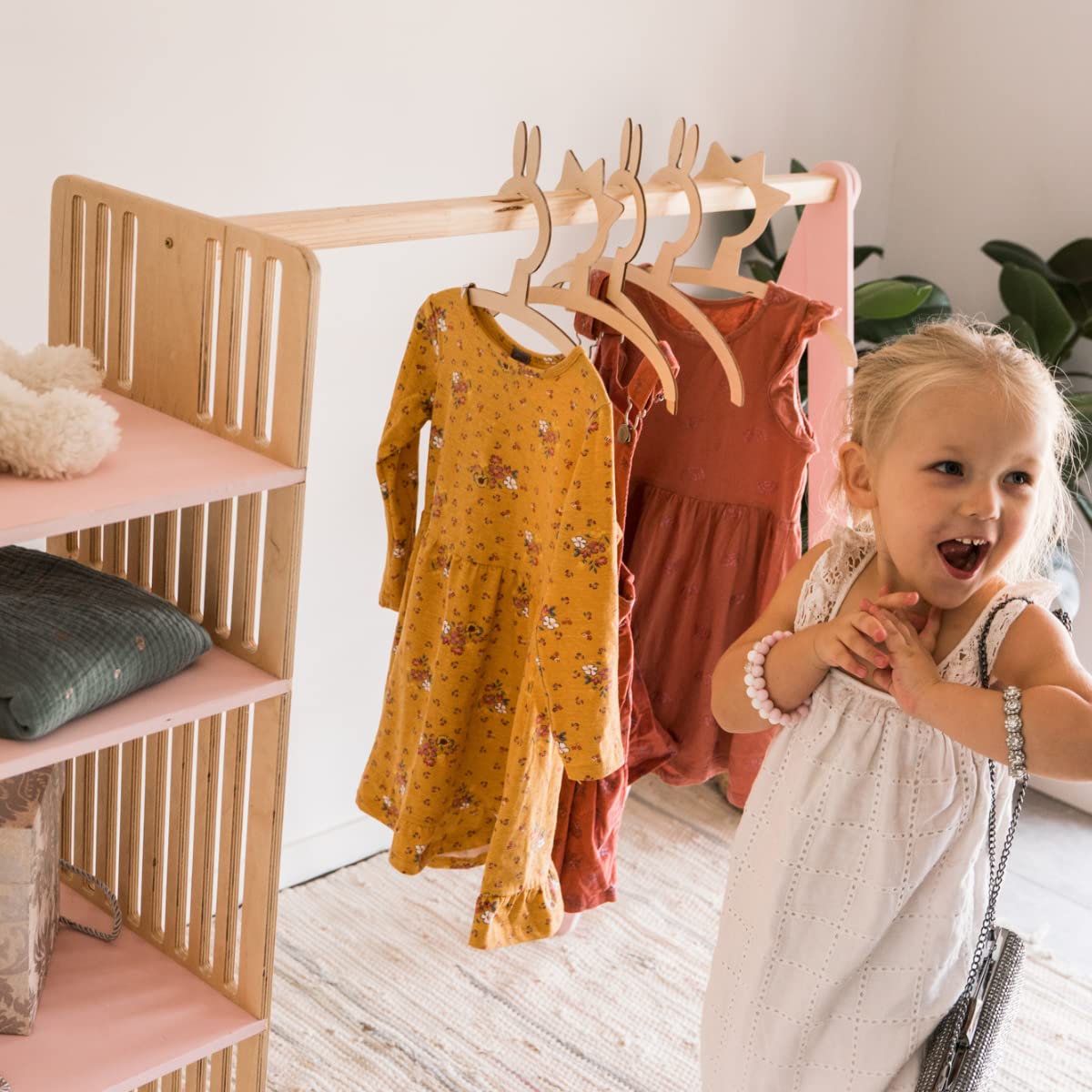 EWART WOODS Kids Wooden Wardrobe - Montessori Clothing Rack & Dress Up Storage for Toddlers - Children's Room Furniture for Closet Organization (Perfect for Bedroom, Playroom & Daycare)