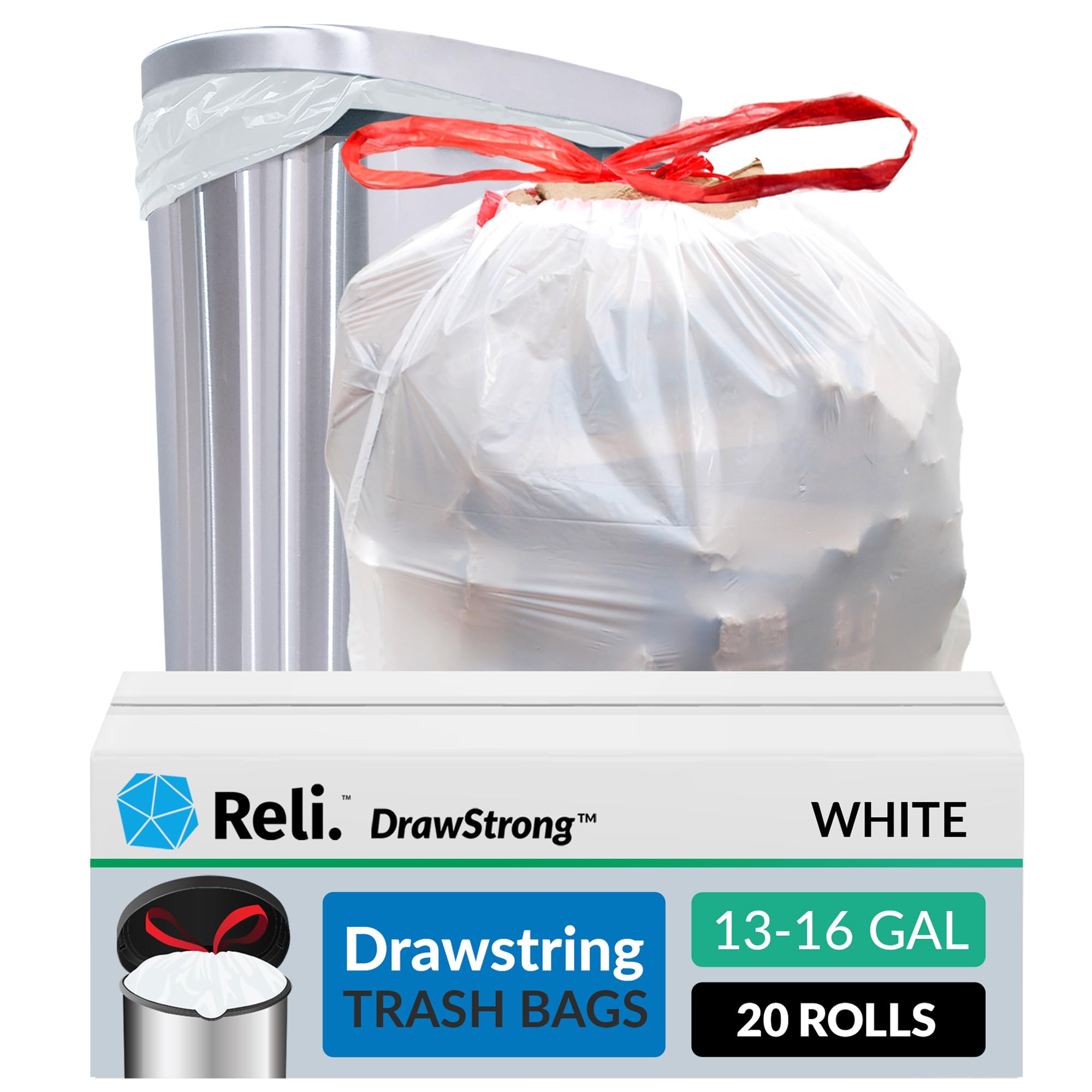 Reliable Tall Kitchen Drawstring Trash Bags 13 Gallon - 500 Count Bulk Pack | Heavy Duty White Kitchen Garbage Bags | Fits 13-16 Gallon Trash Cans | Perfect for Home, Office & Restaurant Use