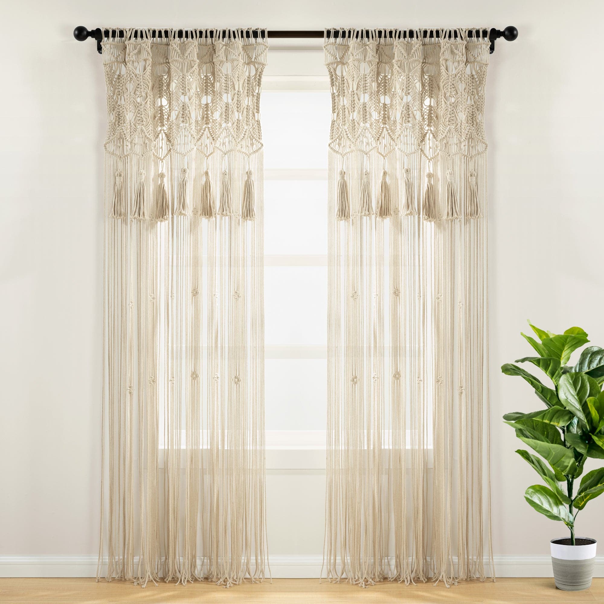 Boho Macrame Tassel Cotton Window Curtains for Living Room & Bedroom - Handmade Natural Beige Sheer Drapes with Fringe Trim - Light Filtering Bohemian Style Home Decor