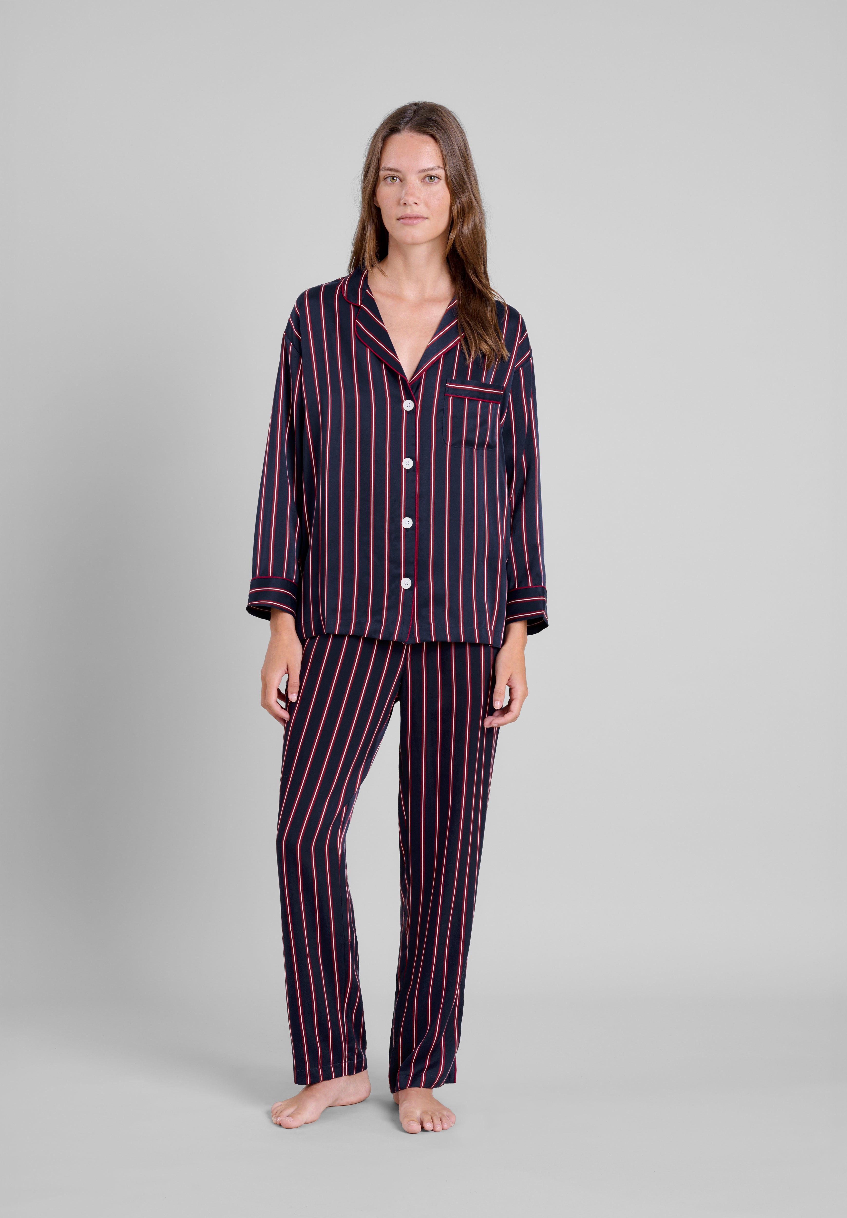 Luxurious Washable Silk Pajama Set for Women - Midnight Stripe Print - Soft & Breathable Sleepwear - Perfect for Relaxing at Home, Spa Days & Cozy Evenings