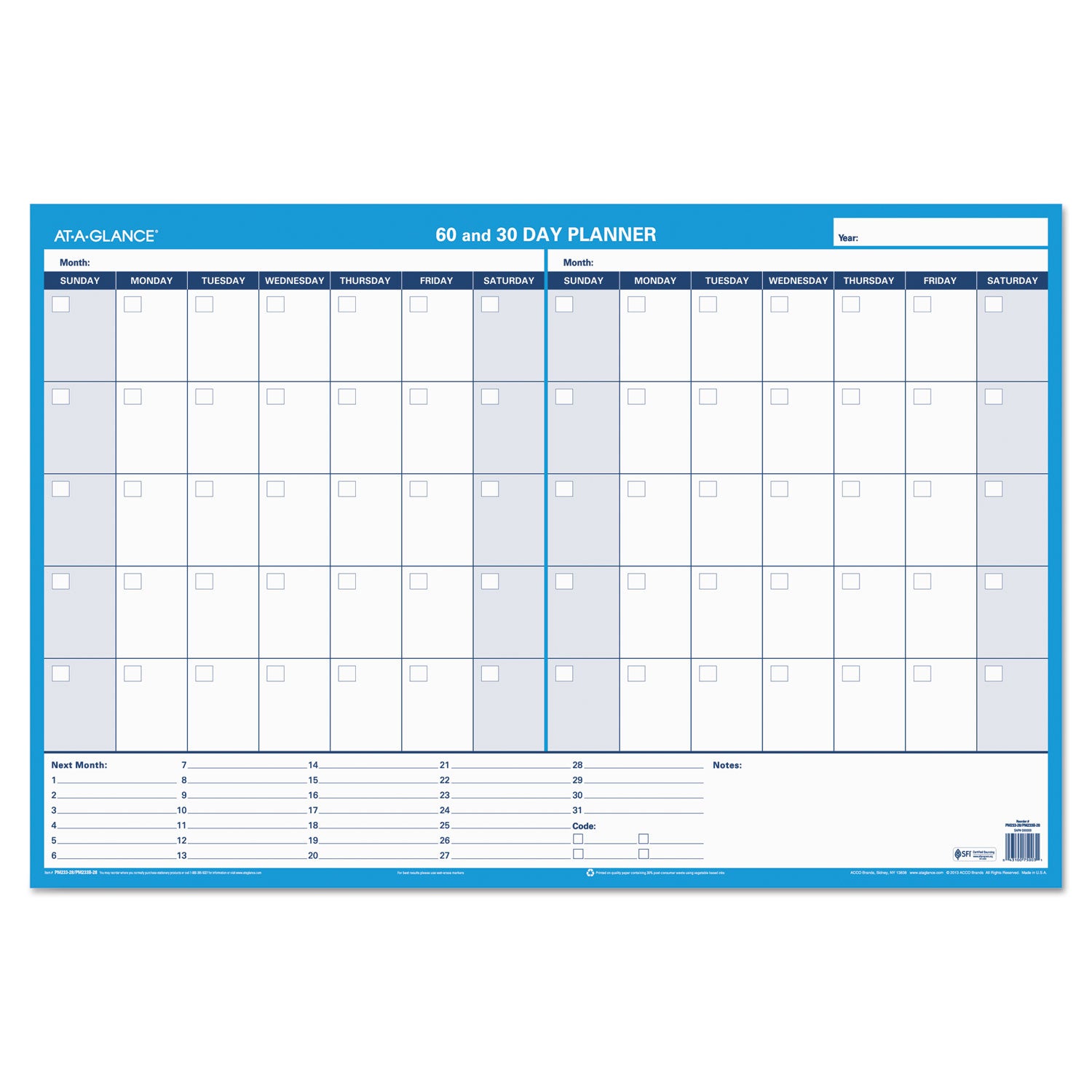 AT A GLANCE® 30/60 Day Undated Horizontal Erasable Wall Calendar Planner, 36