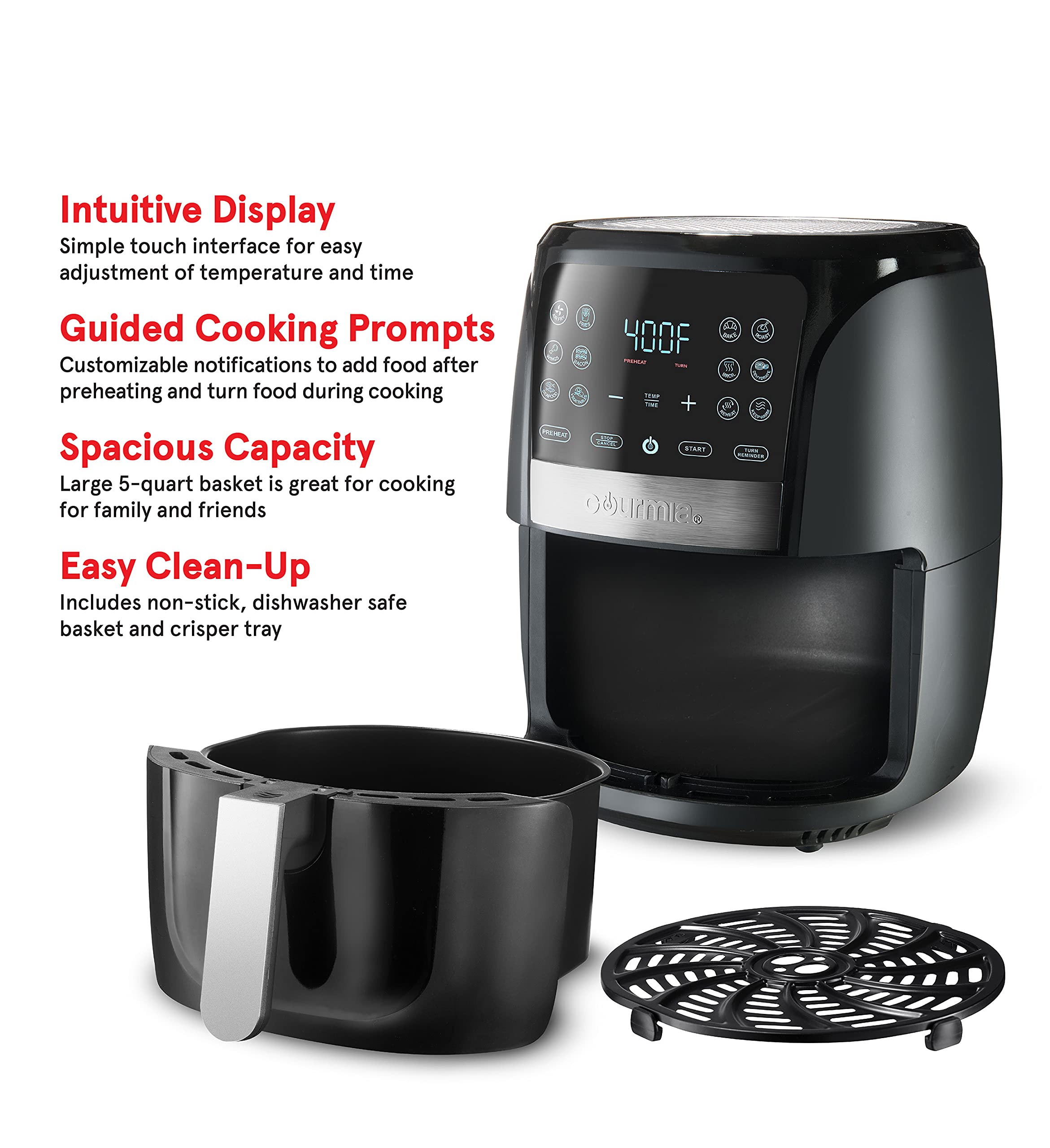 Gourmia 5QT Digital Air Fryer Oven with 12 Presets - 1500W Stainless Steel Large Capacity Air Fryer with XL Basket & 360° FRY FORCE Technology - Perfect for Healthy Frying, Baking, Roasting - Ideal for Family Dinners & Meal Prep