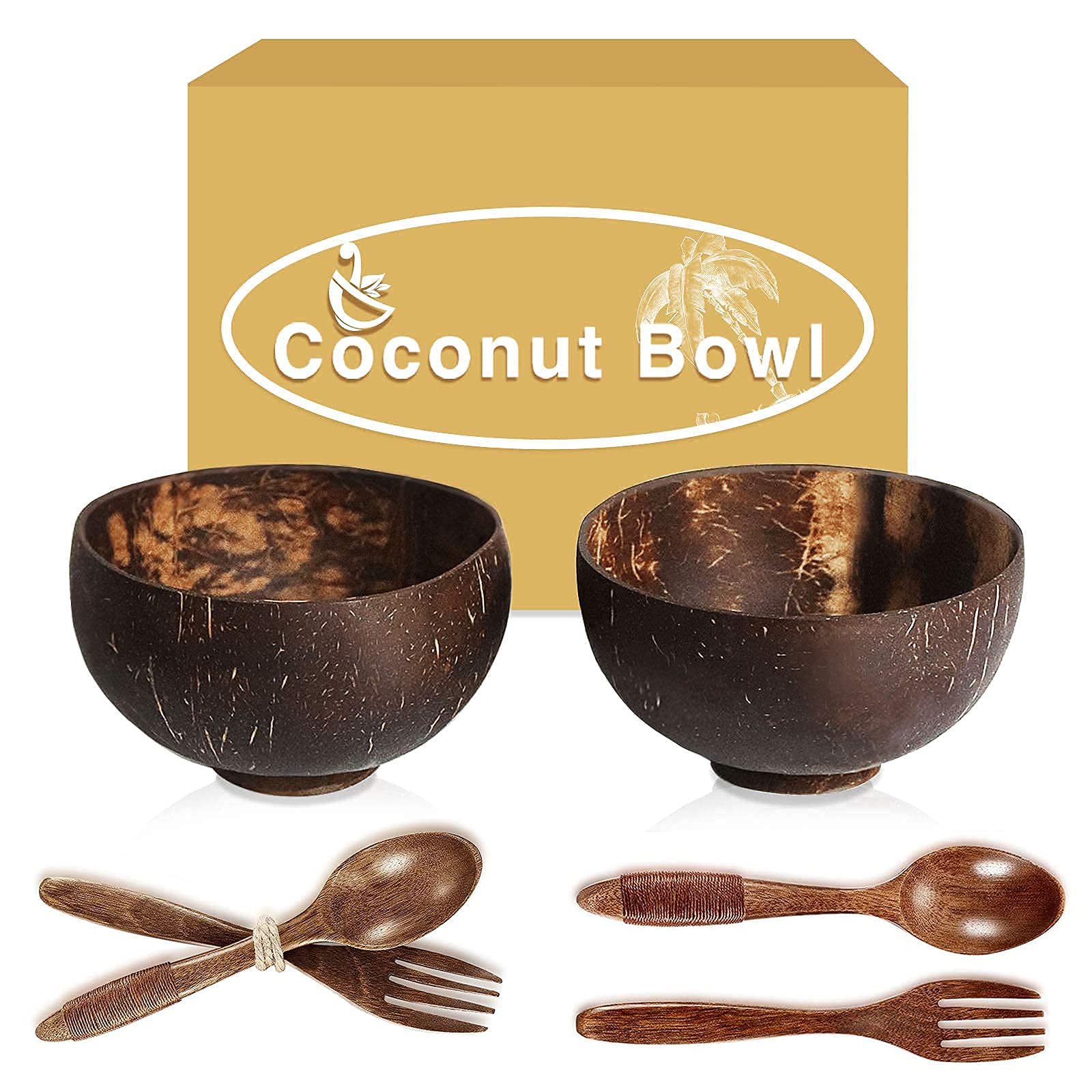 Handmade Coconut Bowls with Wooden Spoons & Forks Set of 2 - Eco-Friendly Smoothie Bowls, Salad Bowls, Candle Holders | Perfect for Breakfast, Healthy Eating & Home Decor | Great Gift for Adults & Kids