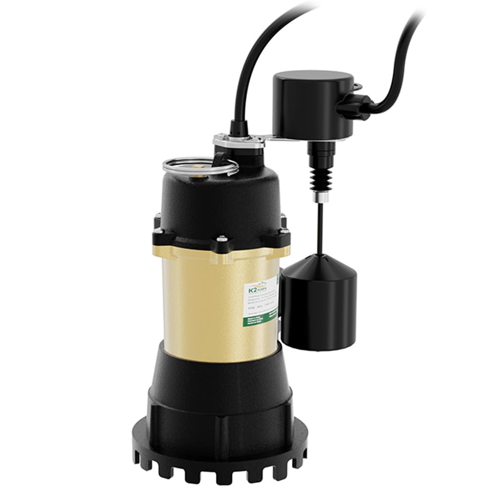 1/2HP Cast Iron Submersible Sump Pump with Vertical Float Switch - K2 Pumps SPI05003VPK for Basement, Crawl Space & Flood Control