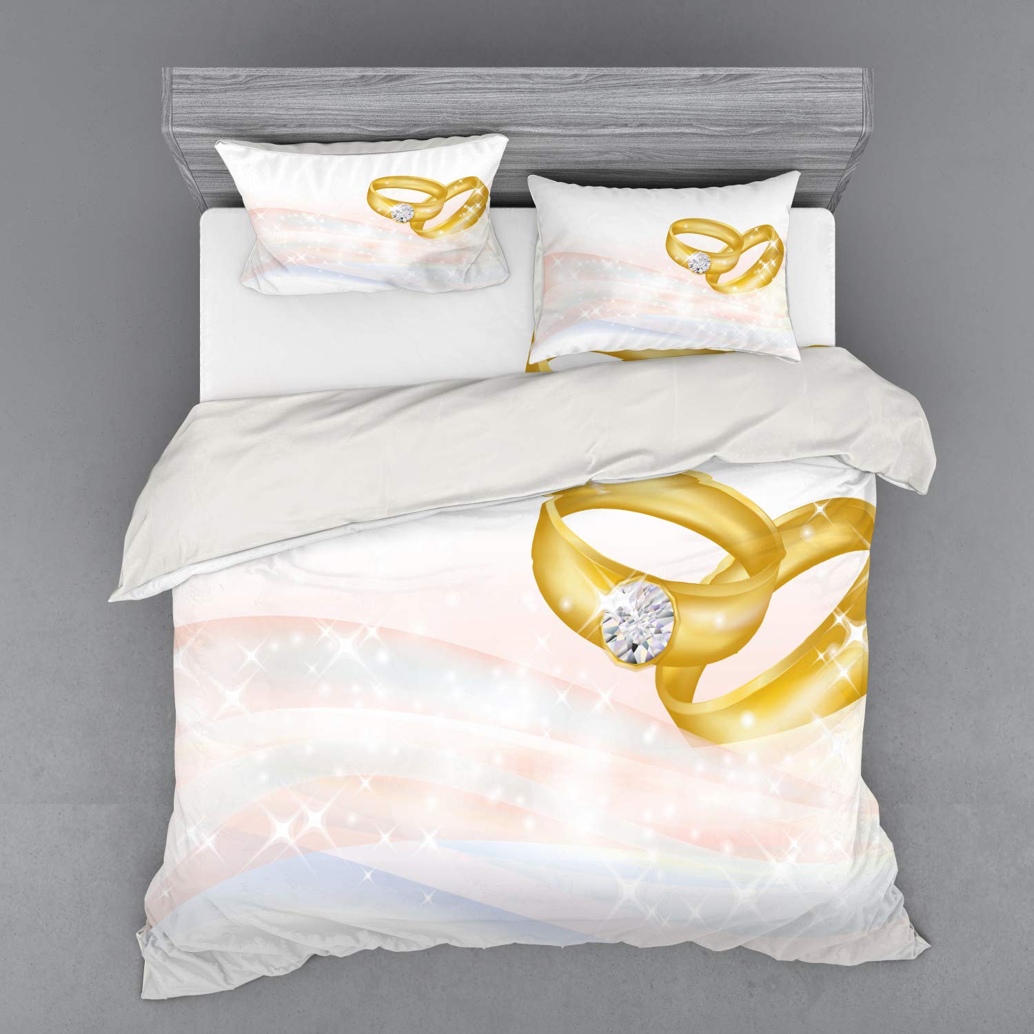 Ambesonne Romantic Wedding Bedding Set - King Size 3-Piece Duvet Cover with Sham & Fitted Sheet, Abstract Wedding Rings Design in Pale Blue & Pink | Perfect for Honeymoon, Anniversary Gifts & Bridal Shower Presents