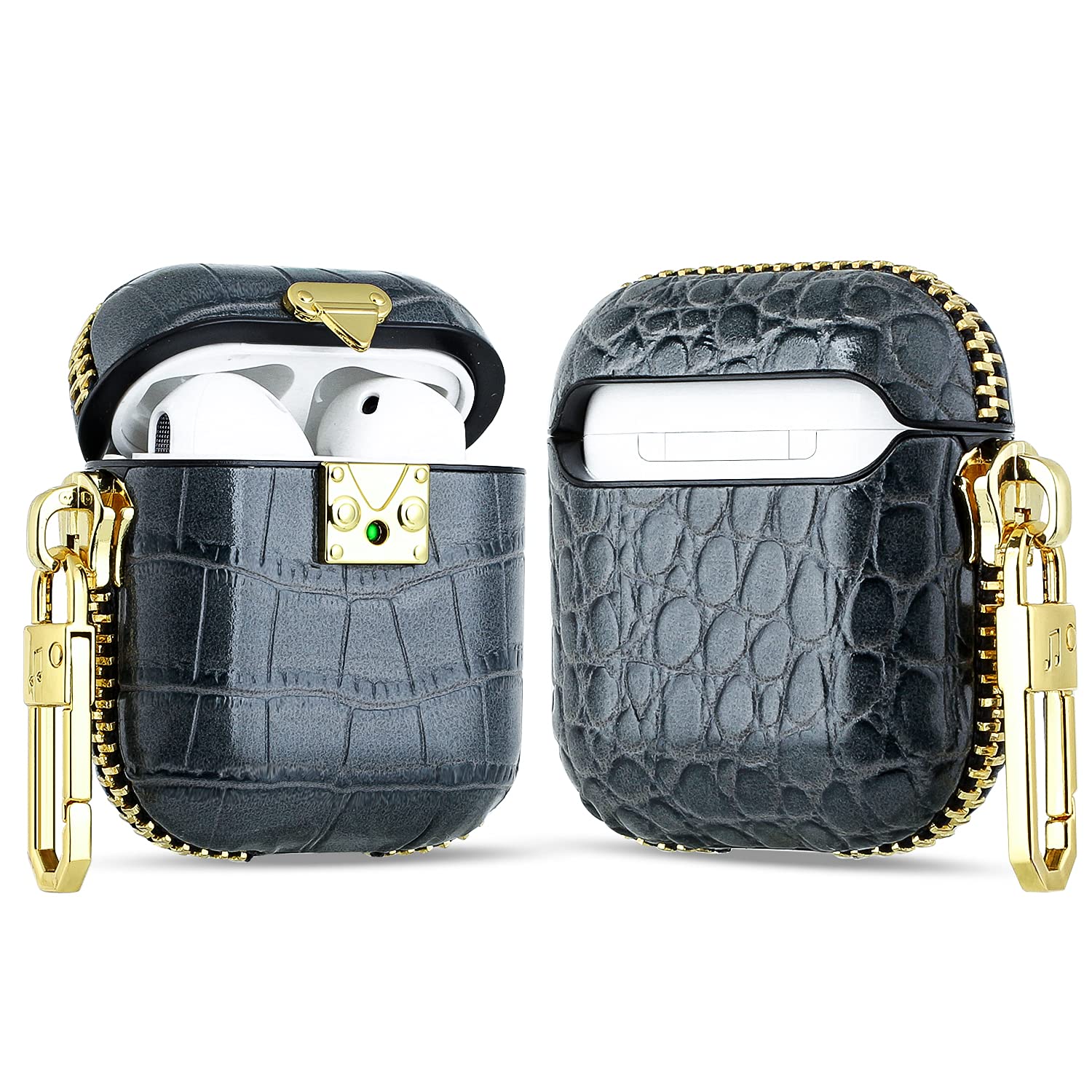 Premium Genuine Leather AirPods 1 & 2 Case Cover with Stainless Steel Gold Buckle - Luxury Crocodile Pattern Protective Case for Apple AirPods (Gray) - Perfect for Travel, Work & Everyday Use