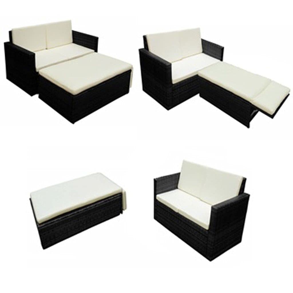 2-Piece Black Poly Rattan Garden Lounge Set with Cushions - Outdoor Patio Furniture Sofa & Conversation Set for Backyard, Deck, Poolside Relaxation
