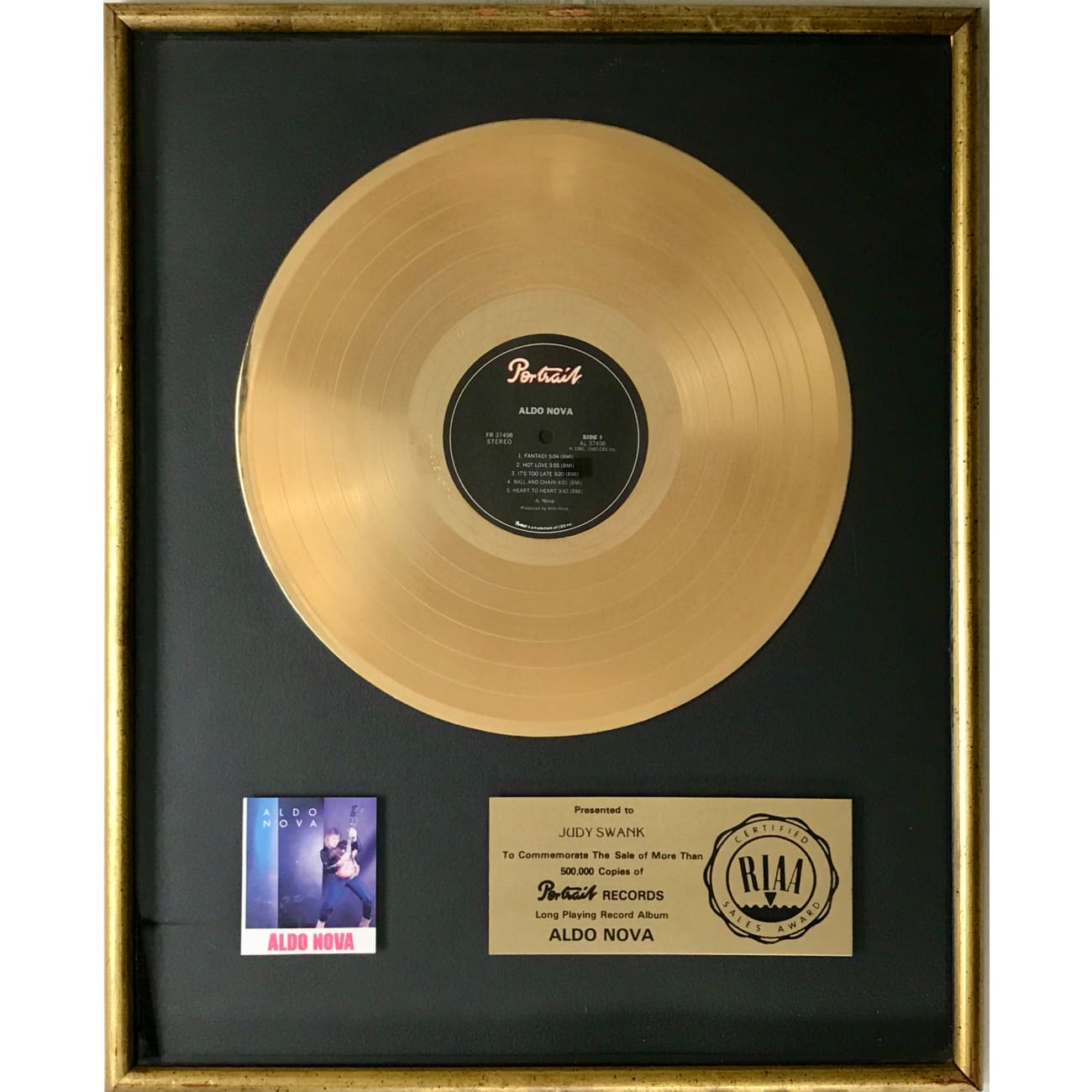 Aldo Nova Debut RIAA Gold Album Award - Vintage Music Collectible for Fans & Memorabilia Enthusiasts - Perfect for Display in Home, Office, or Music Studio