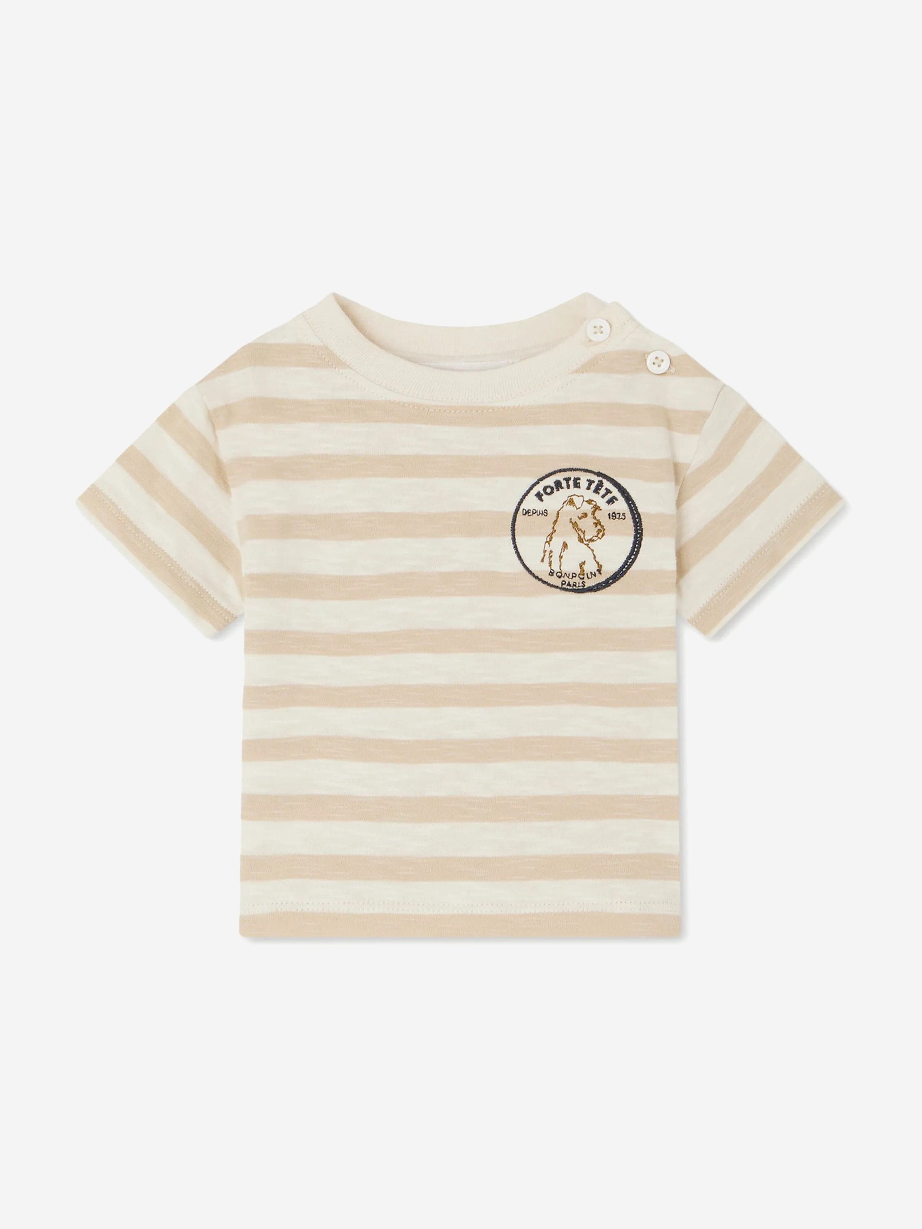Baby Boys Striped Cotton T-Shirt in Beige - Soft & Comfortable Casual Wear for Toddlers | Perfect for Playdates, Daycare & Family Outings