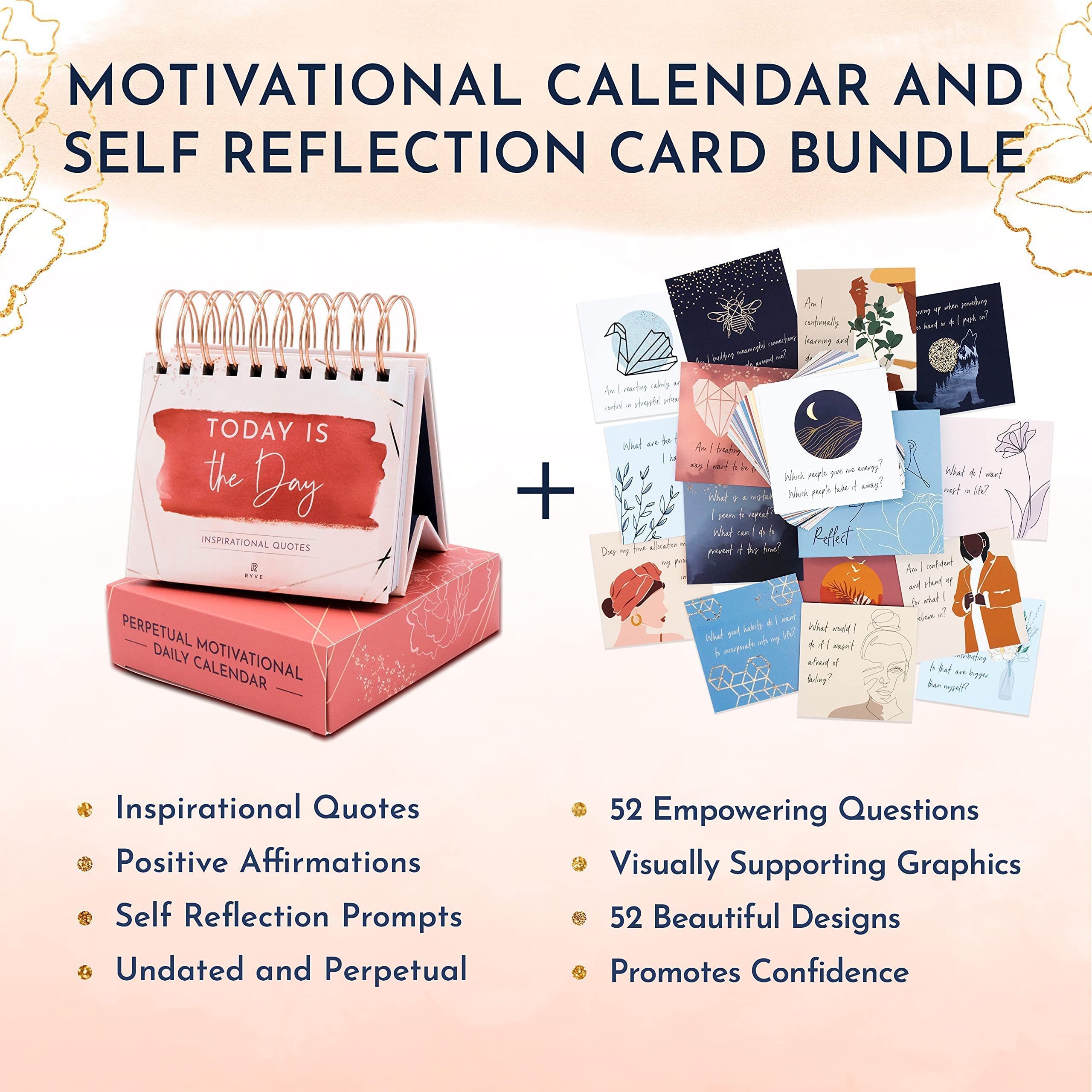 RYVE Motivational Calendar & Empowering Question Cards for Women - Inspirational Desk Decor with Daily Quotes | Office & Home Decor | Self Care Gift for Women, Bosses, Coworkers | Perfect for Work Motivation & Personal Growth