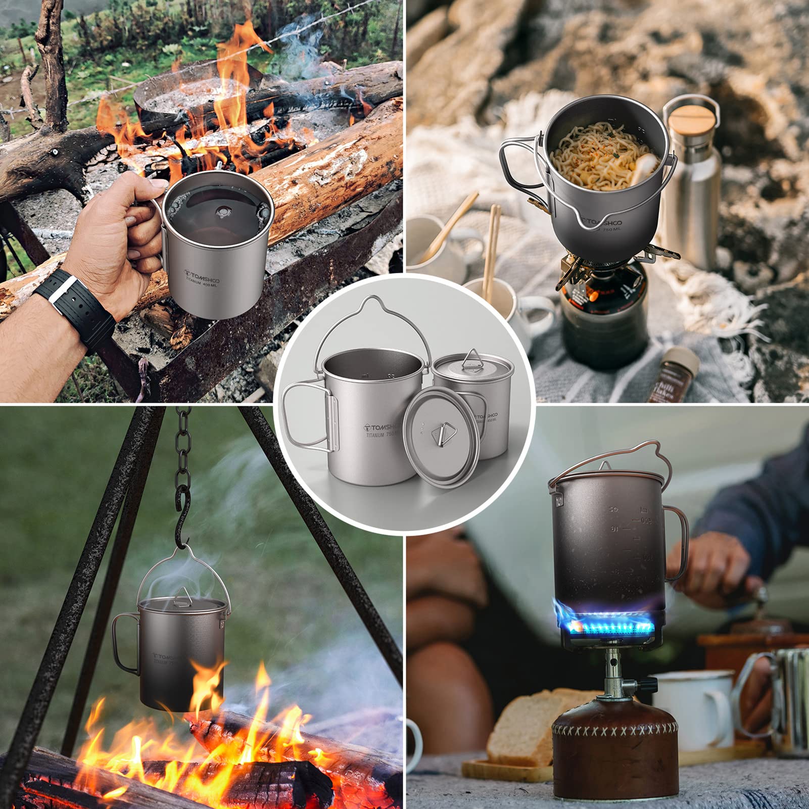 TOMSHOO Titanium Camping Pot with Lid - Lightweight Outdoor Coffee Mug, Foldable Handle for Backpacking, Hiking & Travel - Perfect for Campfire Cooking & Outdoor Adventures