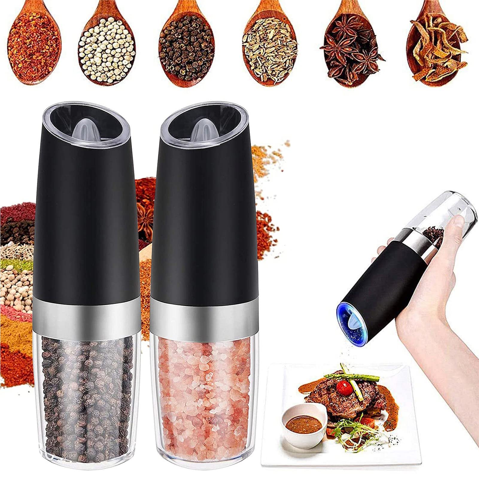 DLD Battery Operated Electric Pepper and Salt Grinder Set - Adjustable Coarseness, One-Handed Operation with Utility Brush, Stainless Steel Design [White Light] - Perfect for Kitchen, Dining Table, Camping & Gifts