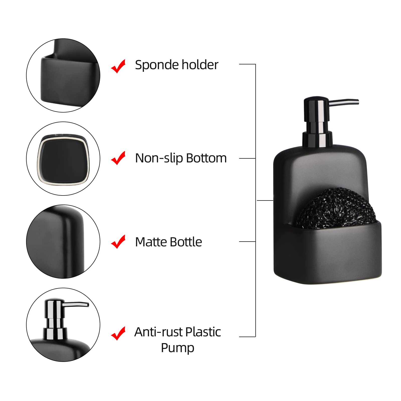BosilunLife Black Ceramic Dish Soap Dispenser with Sponge Holder - 20oz Matte Kitchen Soap Pump & Sponge Caddy for Sink Countertop - Perfect for Kitchen, Bathroom, and Office Cleaning Organization