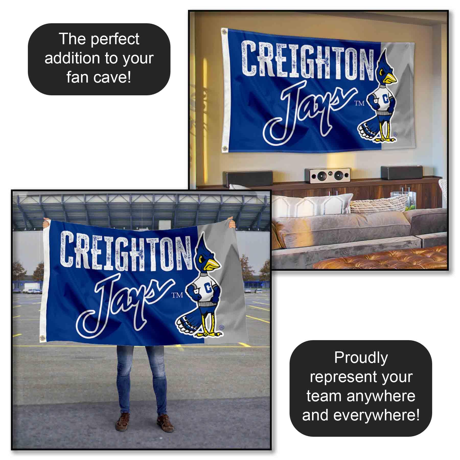 Creighton Bluejays Mascot Large Grommet Banner Flag - Durable College Sports Decor for Game Day, Tailgating & Fan Cave