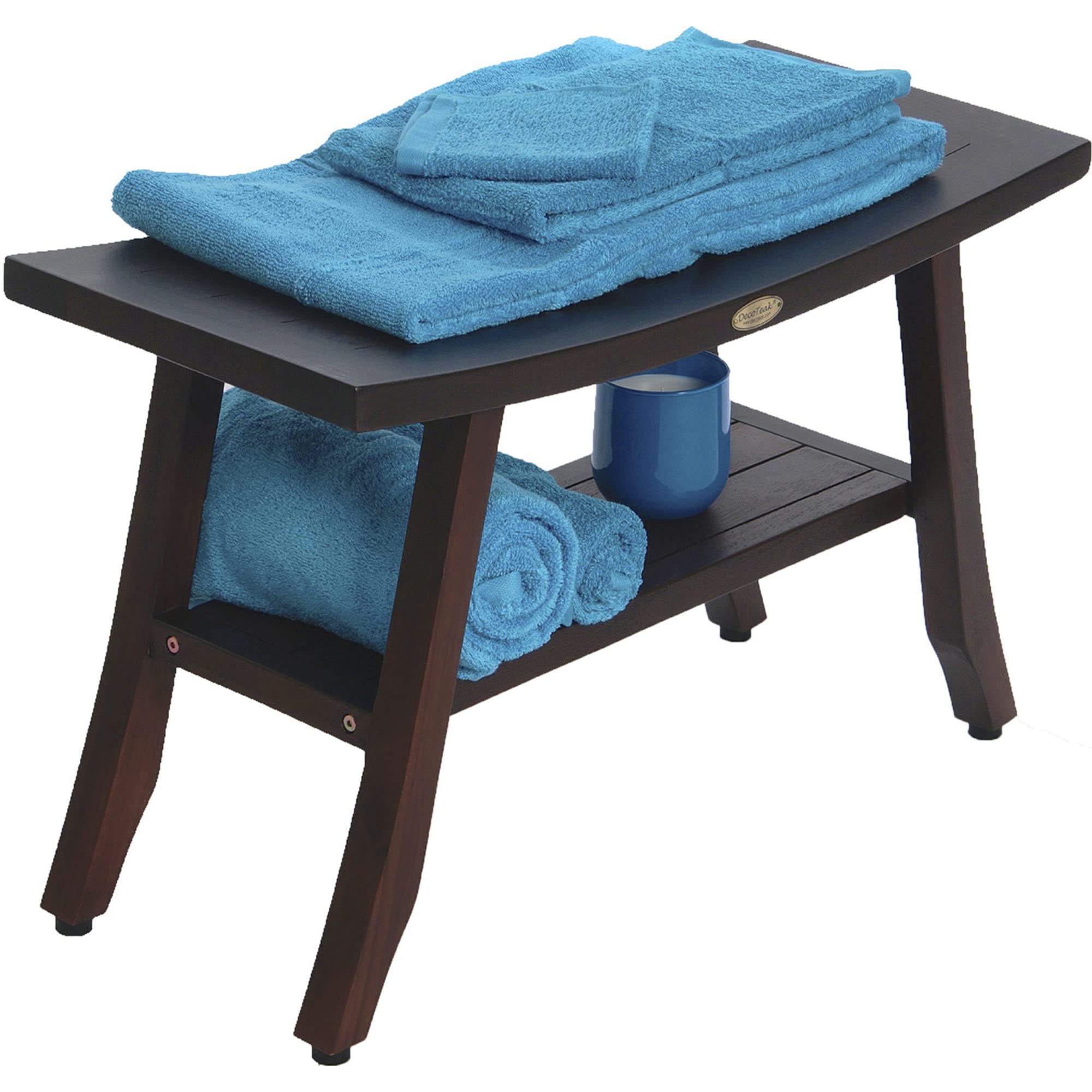 Decoteak Satori 28-Inch Brown Waterproof Teak Wood Shower Bench with Storage Shelf - Non-Slip Bathroom Stool Seat for Safety & Organization - Perfect for Elderly, Spa, and Small Space Bathrooms