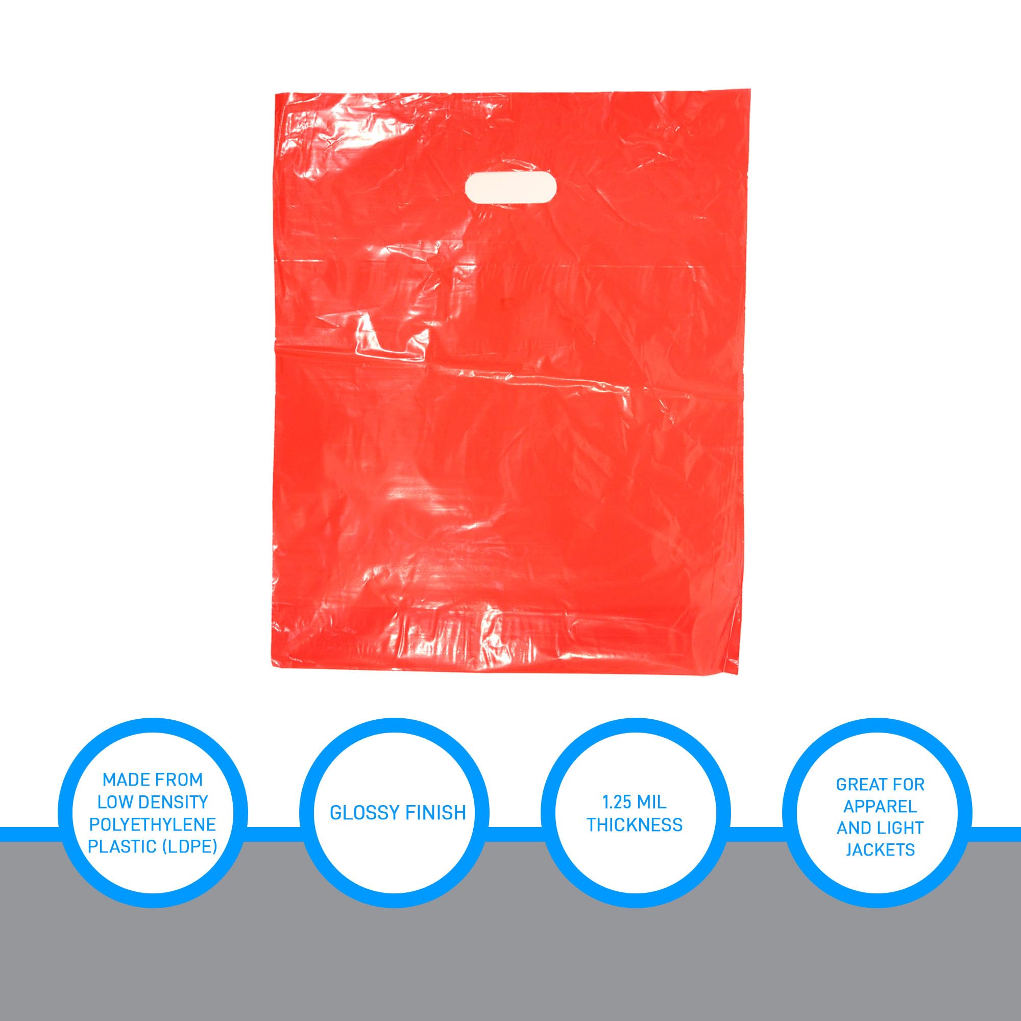 SSWBasics 500 Pack 15x18x4 Inch Large Low Density Red Plastic Shopping Bags with Die-Cut Handles - Durable Retail Merchandise Bags for Thrift Stores, Boutiques & Gift Shops - Perfect for Clothing, Books & Lightweight Items