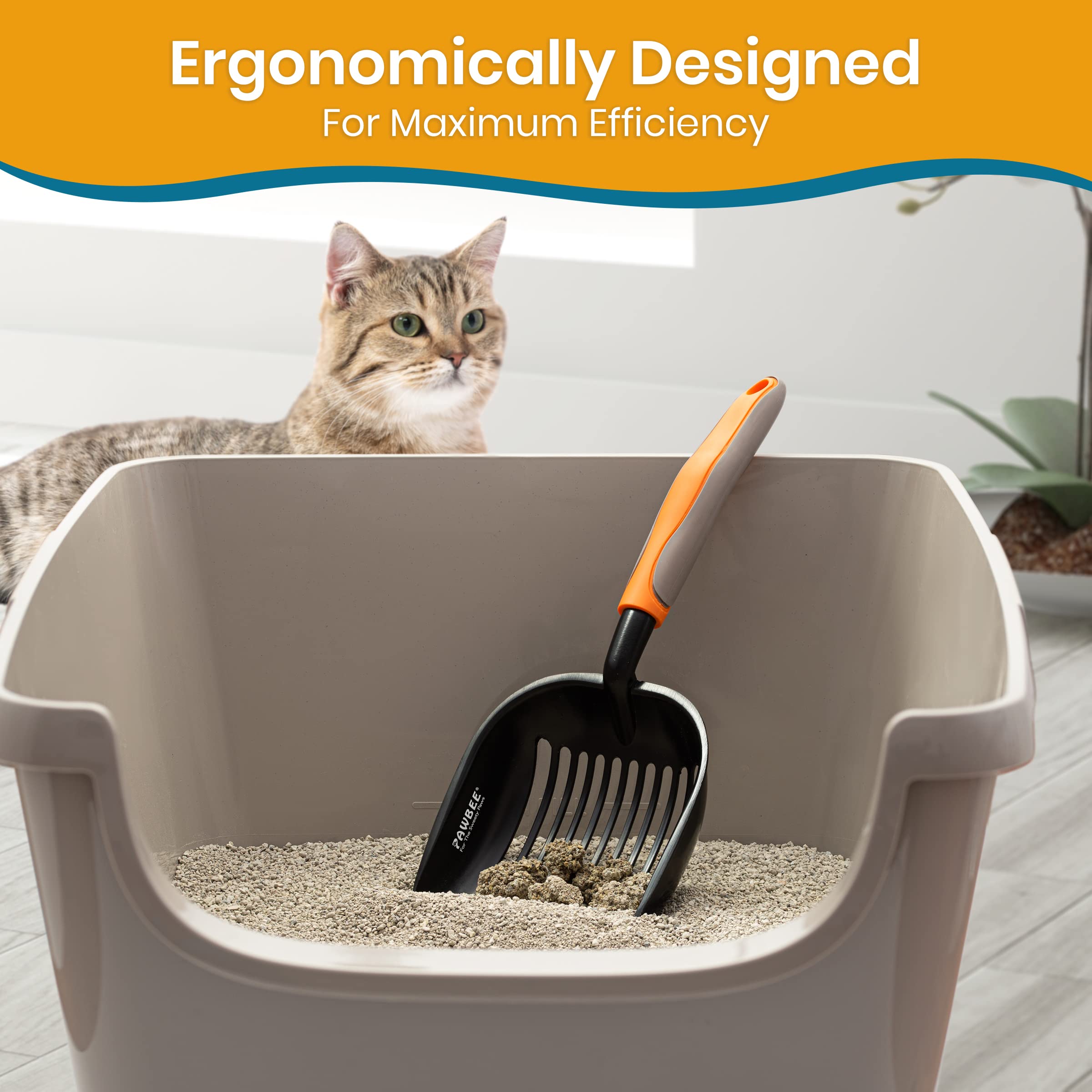 PAWBEE Metal Cat Litter Scoop with Holder - Premium Non-Stick Stainless Steel Litter Scooper for Cats - Deep Shovel Design with Long Non-Slip Handle - Durable Kitty Waste Scoop for Litter Box Cleaning - Perfect for Multi-Cat Homes & Odor Control
