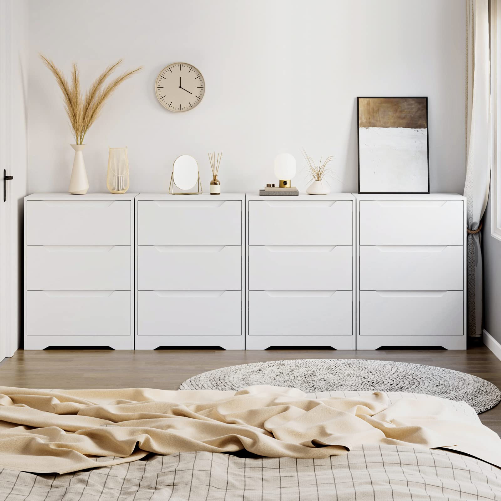 HOSTACK Modern 3-Drawer White Dresser - Wooden Storage Chest with Cut-Out Handles, Tall Nightstand & Accent Cabinet for Bedroom, Living Room, Entryway - Space-Saving Furniture for Small Apartments & Dorm Rooms