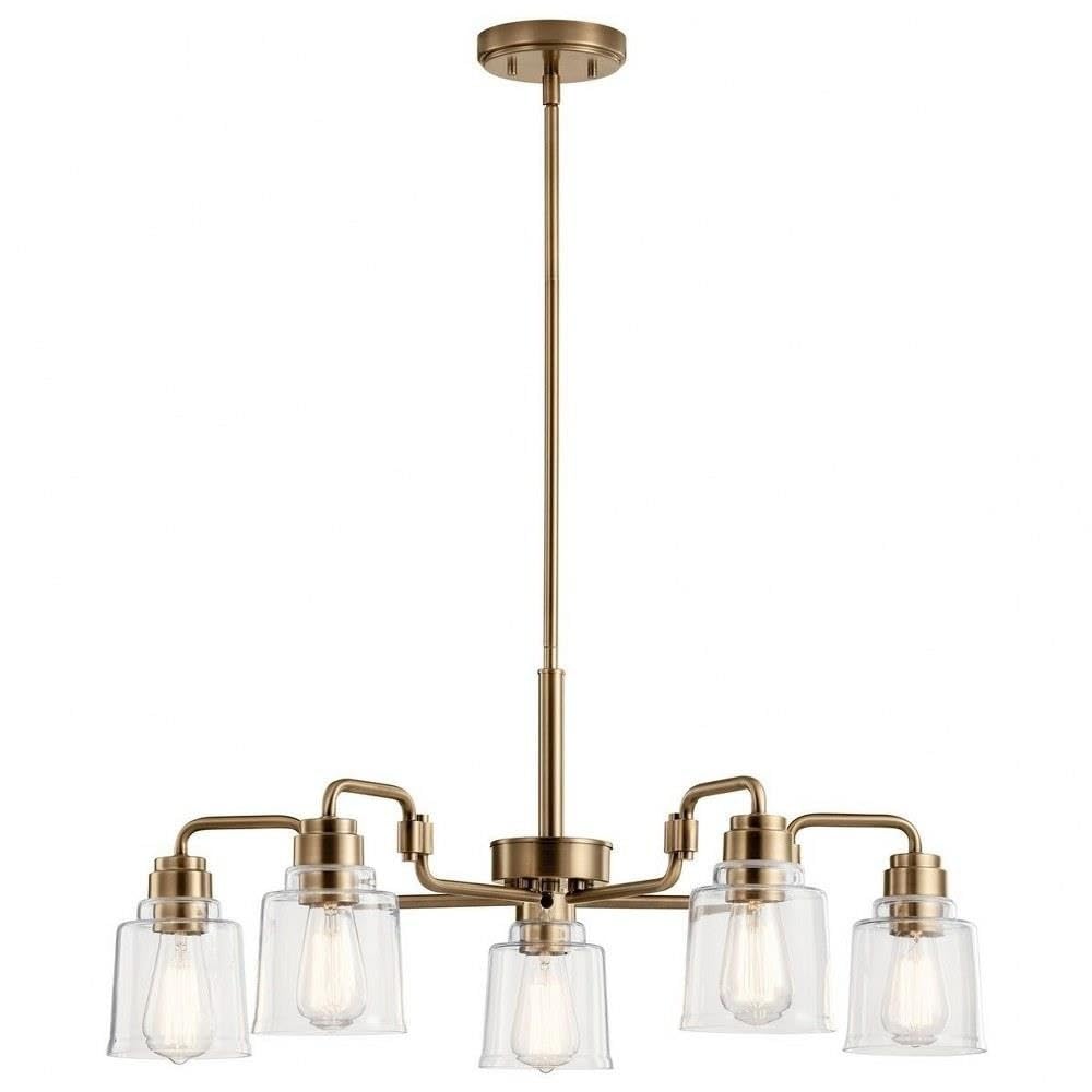 Kichler Aivian 30 Inch 5-Light Chandelier with Clear Glass in Weathered Brass - Elegant Dining Room Lighting for Modern Farmhouse Decor
