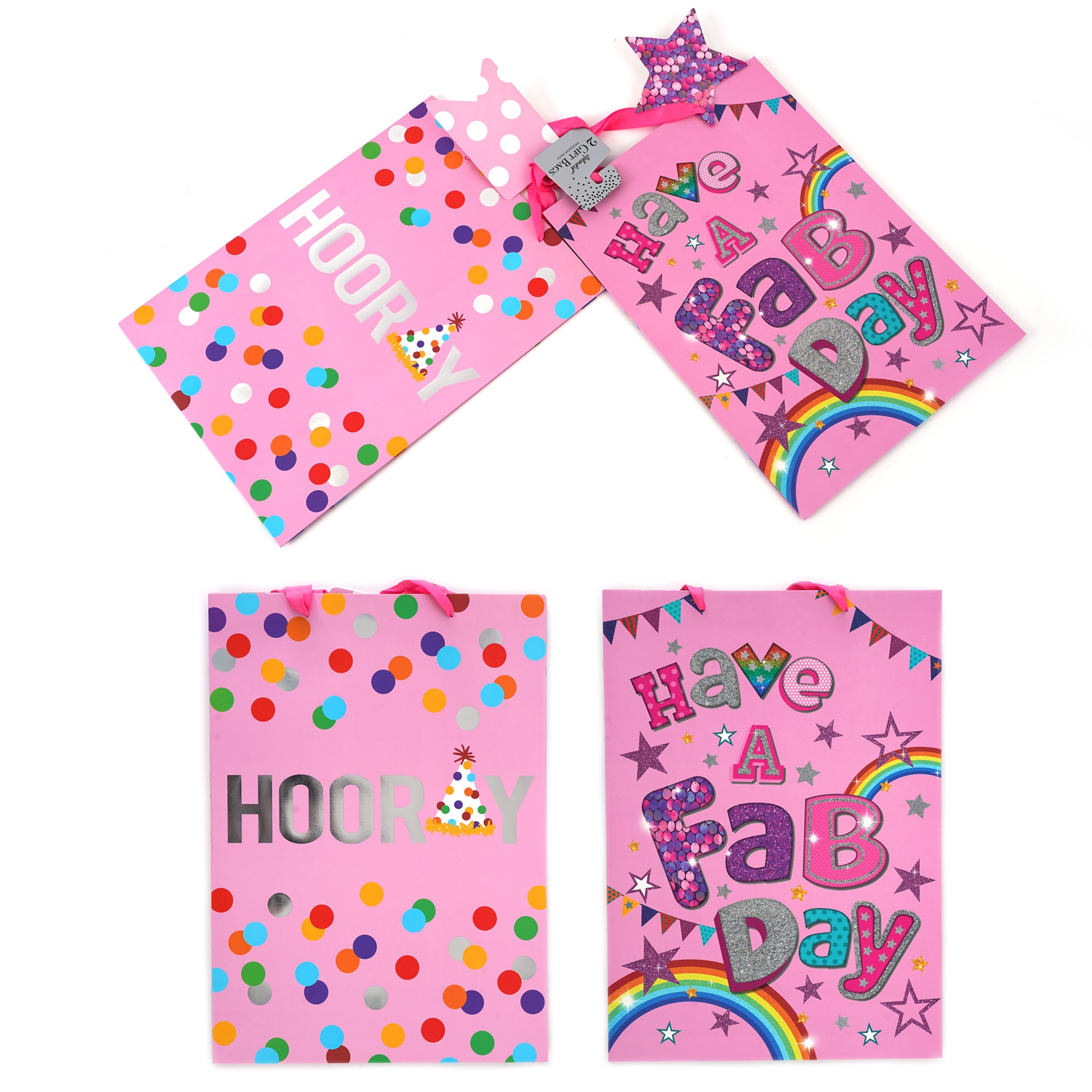 2-Pack Extra Large Birthday Hooray & Fab Day Hot Stamp Glitter Gift Bags - Perfect for Party Favors, Baby Showers & Special Occasions
