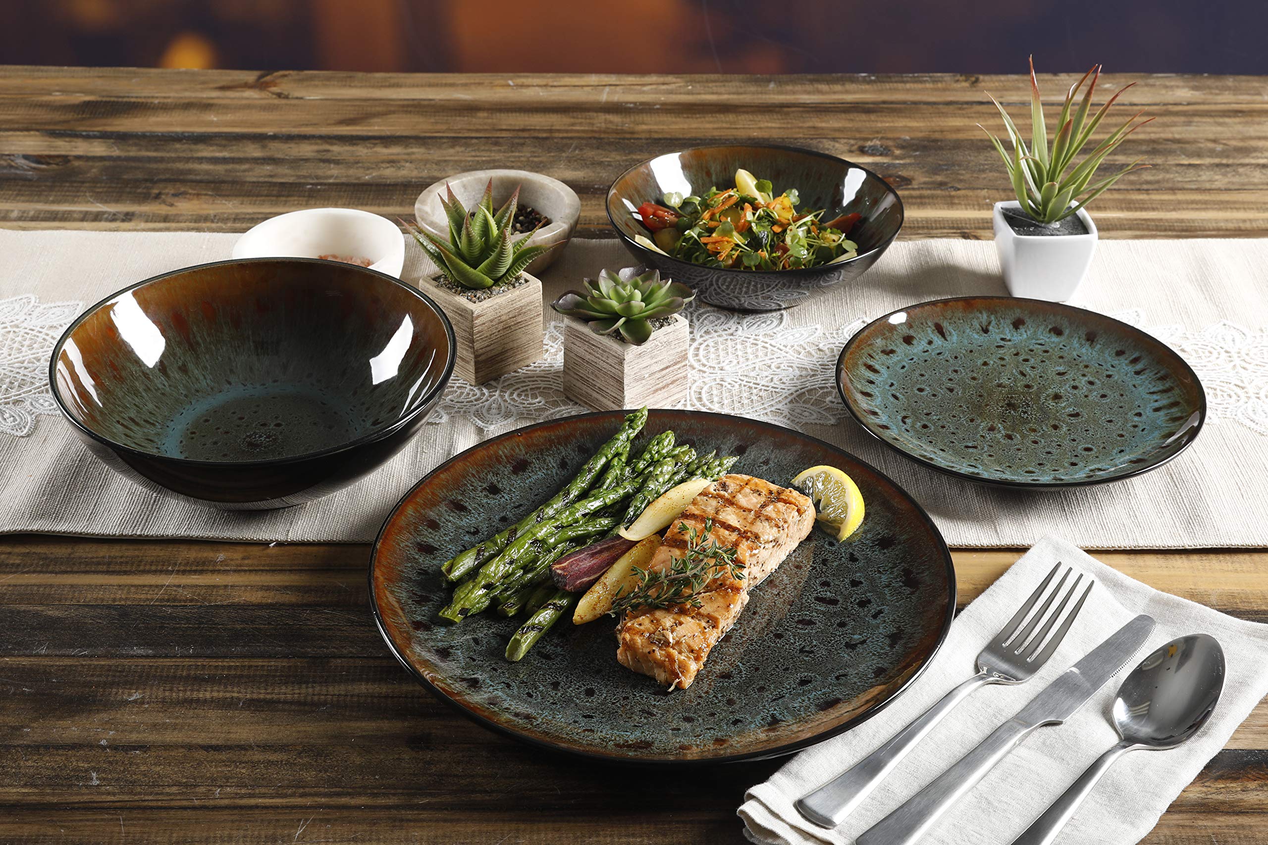 Premium Gibson Elite Kyoto Double Bowl Dinnerware Set - 16-Piece Service for 4, Elegant Teal Blue - Perfect for Family Dinners, Entertaining Guests & Modern Table Settings
