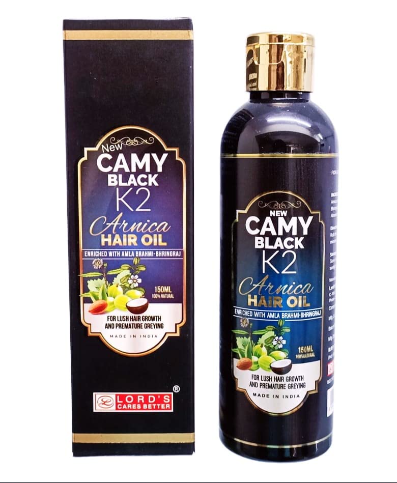 Lords New Camy Black K2 Arnica Hair Oil with Amla Brahmi Bhringraj - 100% Natural Hair Growth Treatment for Thicker, Longer Hair & Premature Graying Prevention - 150ml (Pack of 1) | Perfect for Daily Scalp Massage, Hair Care Routine & Natural Styling