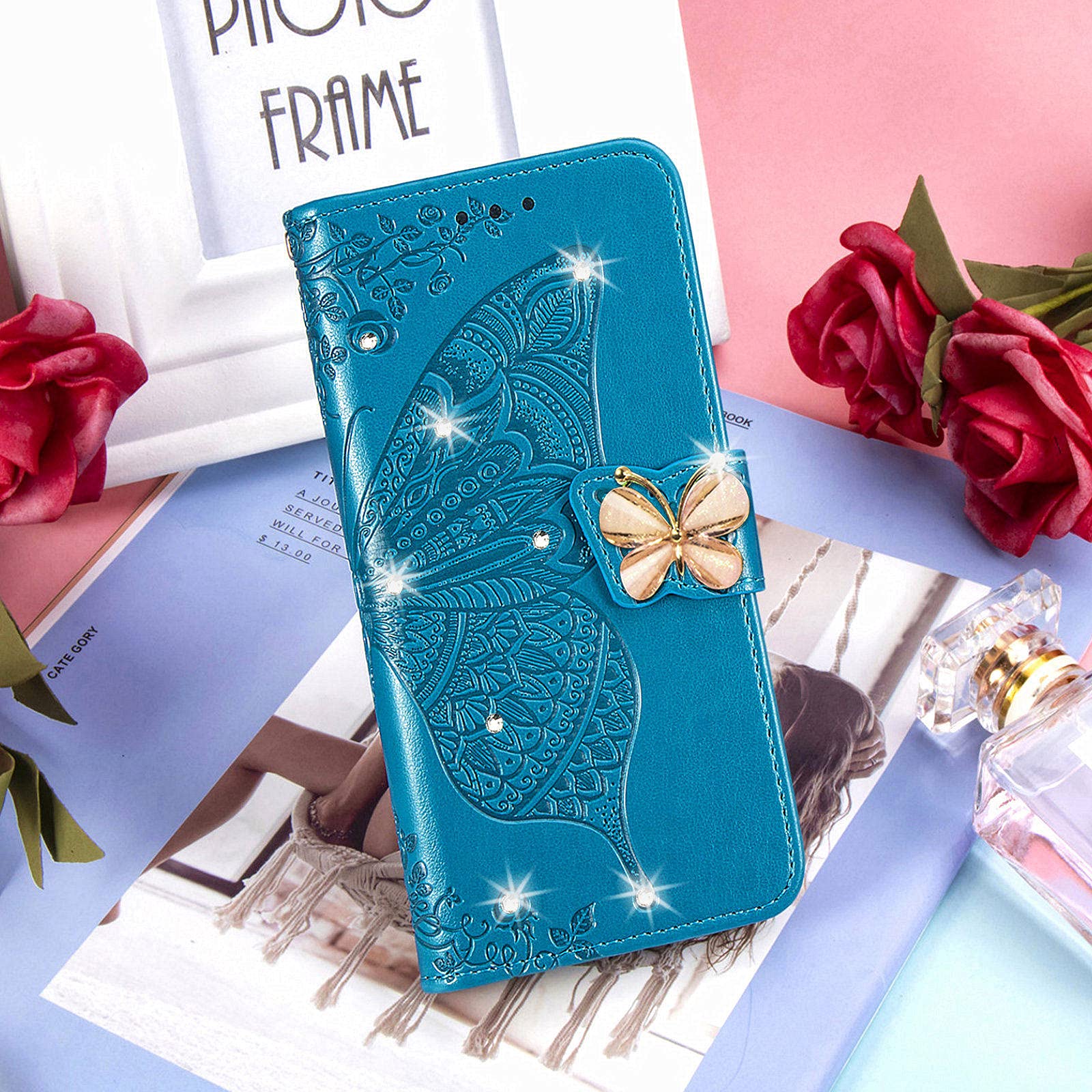 Butterfly Pattern PU Leather Wallet Case for iPhone 13 Pro Max - Magnetic Clasp & Card Holder Cover with Rhinestones (Blue) | Perfect for Everyday Use, Travel, and Secure Storage of Cards & Cash