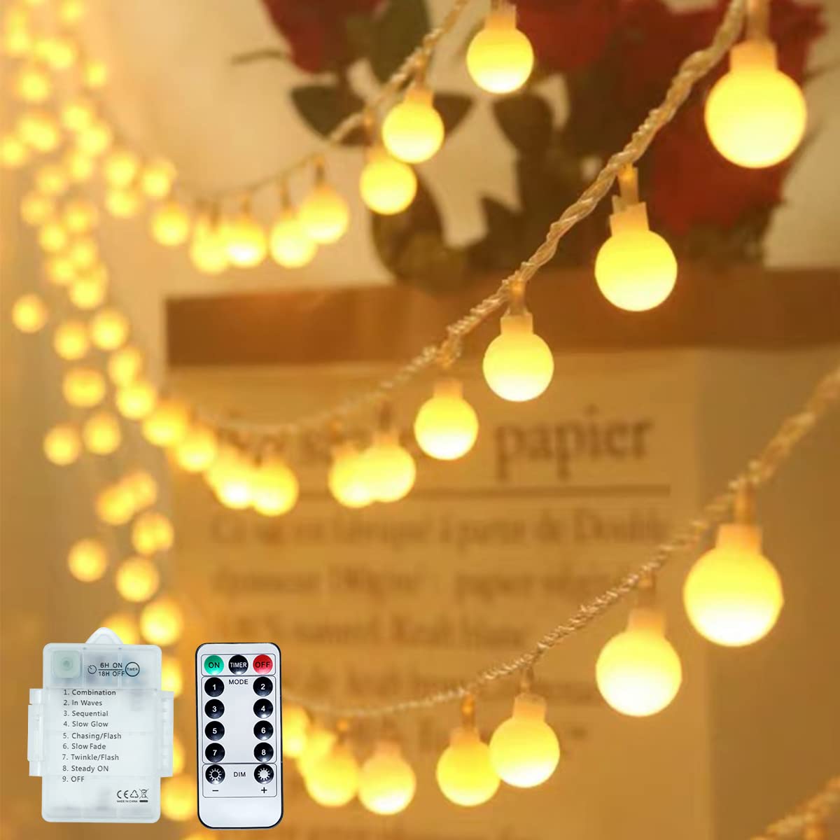 33FT 100 LED Globe String Lights with Remote & Timer - 8 Lighting Modes, Battery Powered Waterproof Fairy Lights for Indoor/Outdoor - Perfect for Weddings, Christmas Decor, Bedroom, Garden & Party Decorations