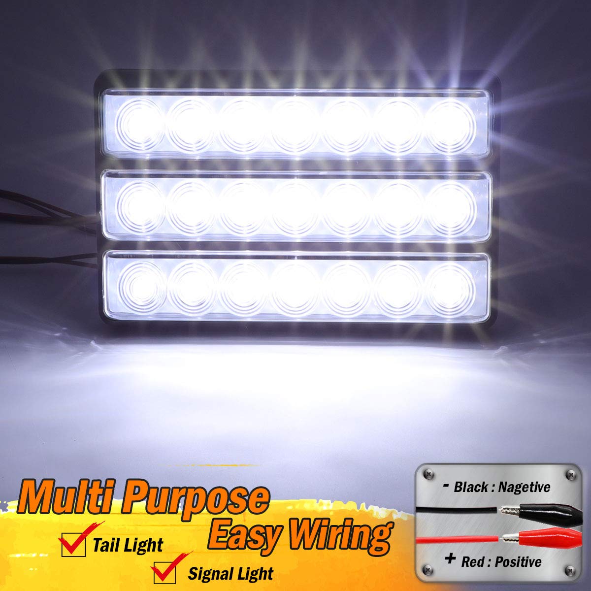 8 Inch Smoked Lens White Sealed LED Clearance Lamp - 7 LED Long Tail Lights with Triple Bracket for Heavy Duty Truck & Trailer (12V DC Universal L7) - Perfect for Semi Trailers, Commercial Vehicles & RV Safety Lighting