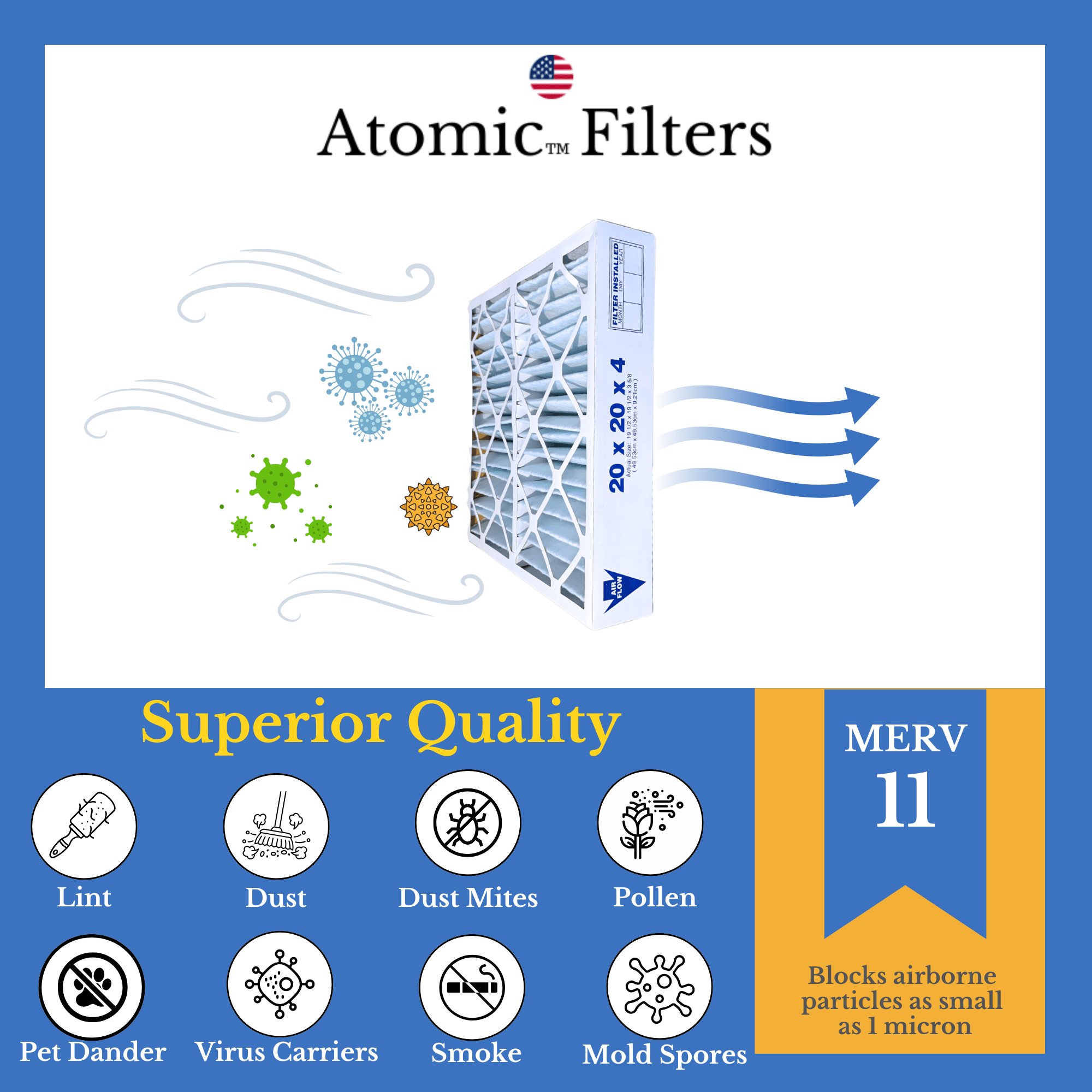 20x20x4 MERV 11 Air Filters (3 Pack) - Compatible with TopTech TT FM 2020, TTFM2020, TT FM 2020QB & Carrier TT MAC 2122, TT MAC 2020 - Perfect for Home HVAC Systems, Furnaces, and Air Purifiers