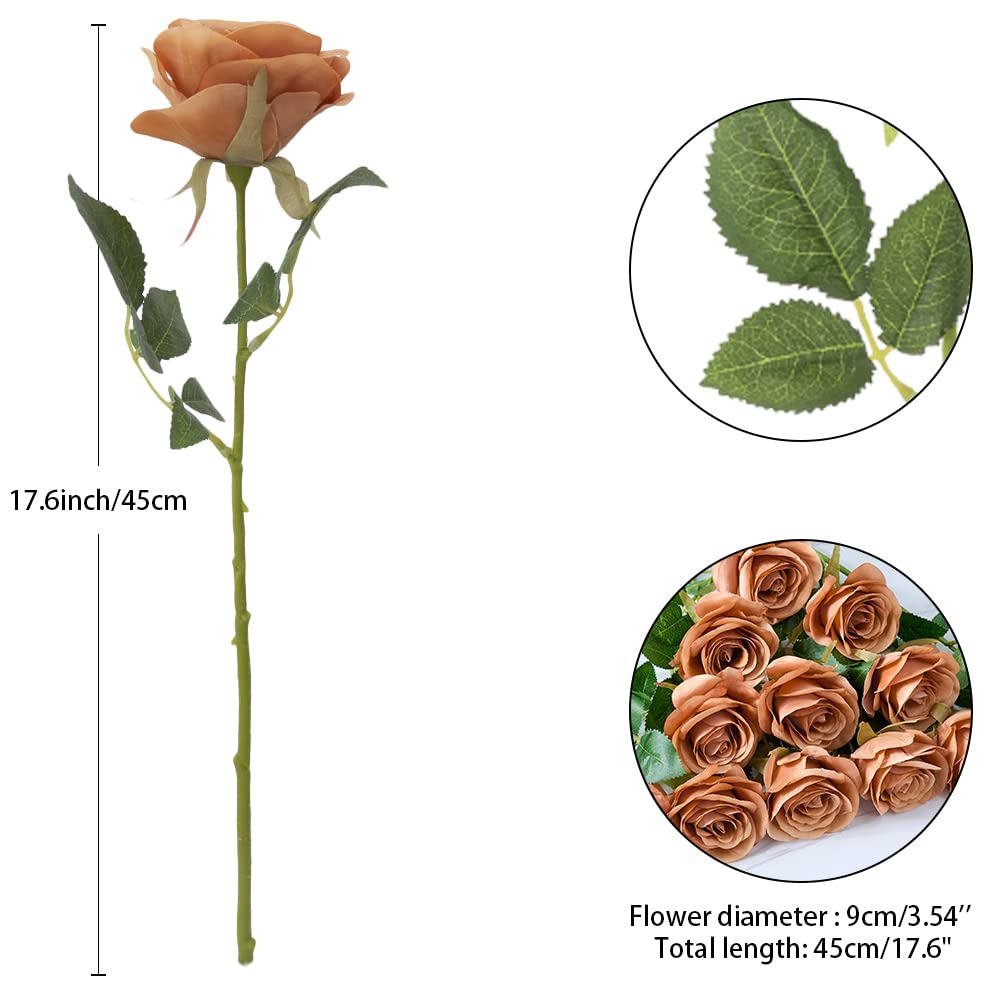 12pcs Dusty Orange Artificial Silk Roses with Long Stems - Fake Flowers for Wedding Centerpieces, Home Decor, Party Decorations - Perfect for Table Arrangements, Bouquets, and DIY Crafts