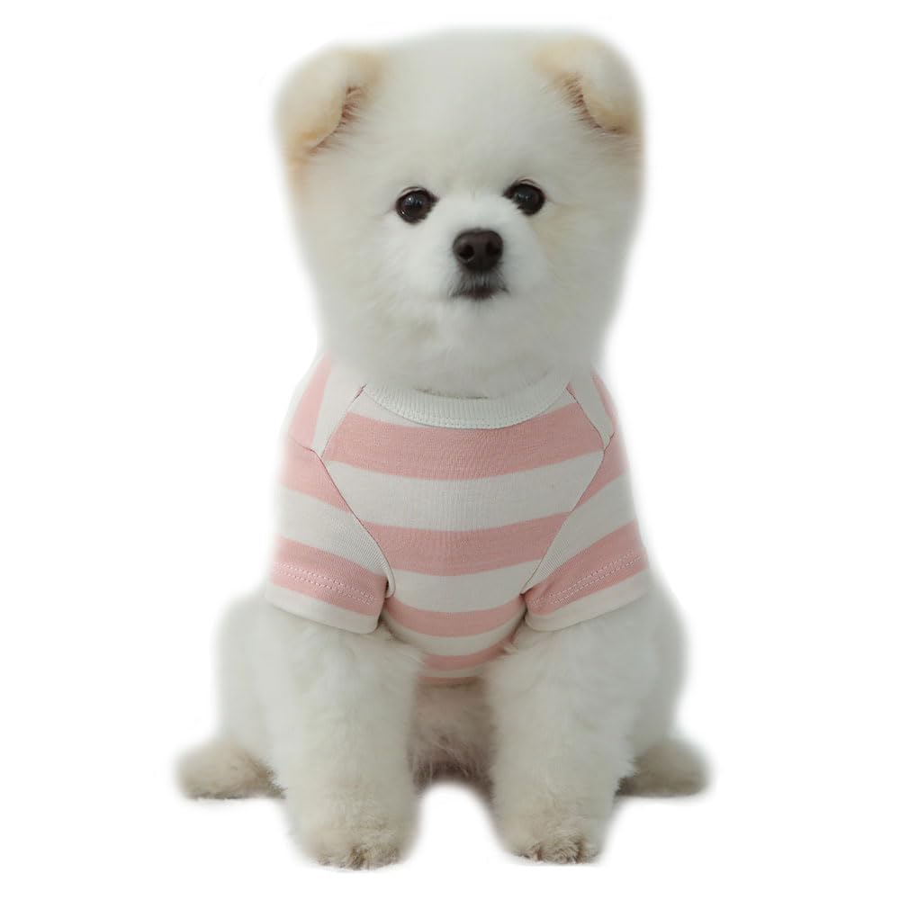 Soft Breathable Cotton Rugby Striped T-Shirt for Small & Large Dogs - Comfortable Pet Clothes (Medium, Ivory/Pink) | Perfect for Daily Walks, Outdoor Adventures & Photo Shoots