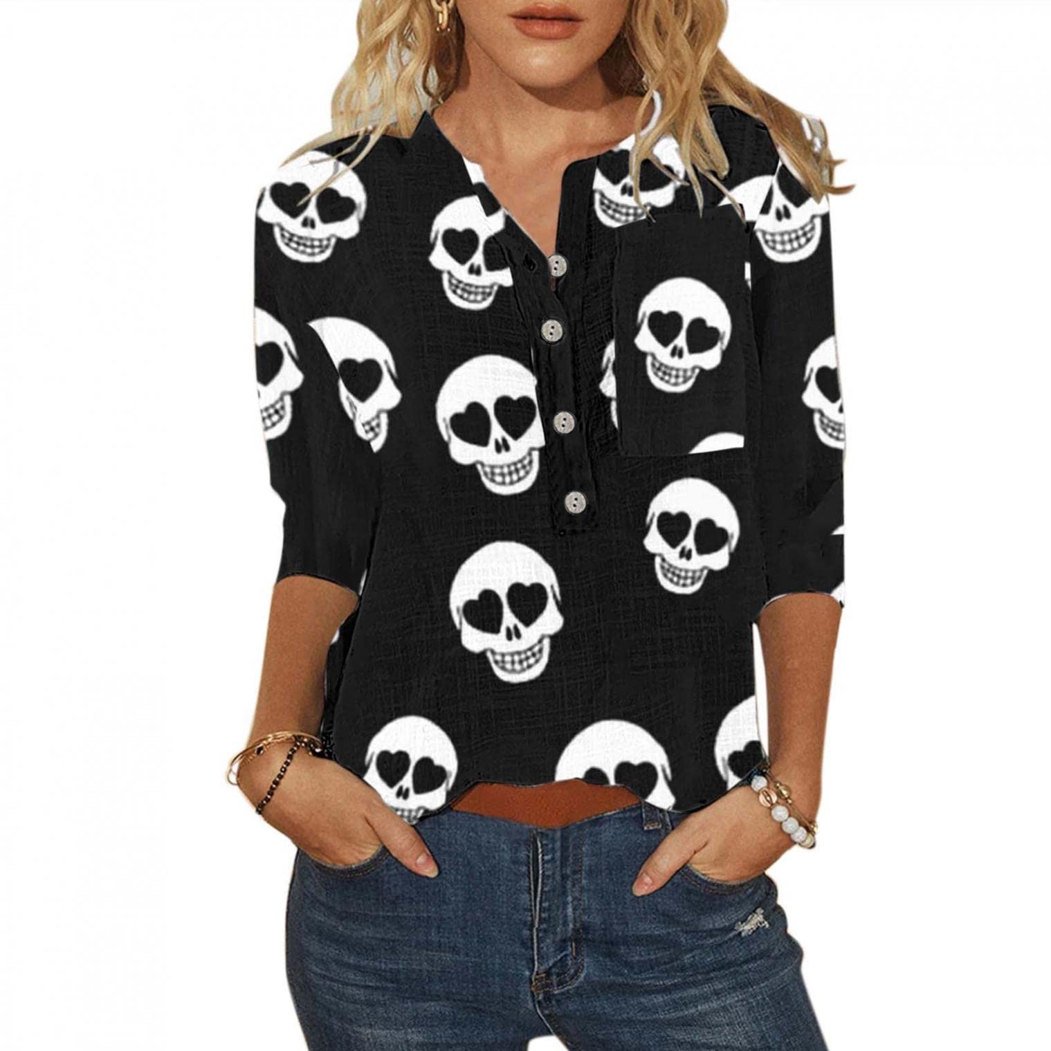Butterfly Printed 3/4 Sleeve Crewneck T-Shirt for Women - Casual Graphic Tee Blouse Top for Everyday Wear, Outings & Spring Fashion