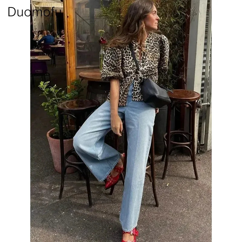 Duomofu Leopard Print Bow Tie Blouse for Women - Loose Fit Y2K Puff Sleeve Pleated Cropped Top | Summer Streetwear Fashion | Perfect for Casual Outings, Parties & Instagram Photos