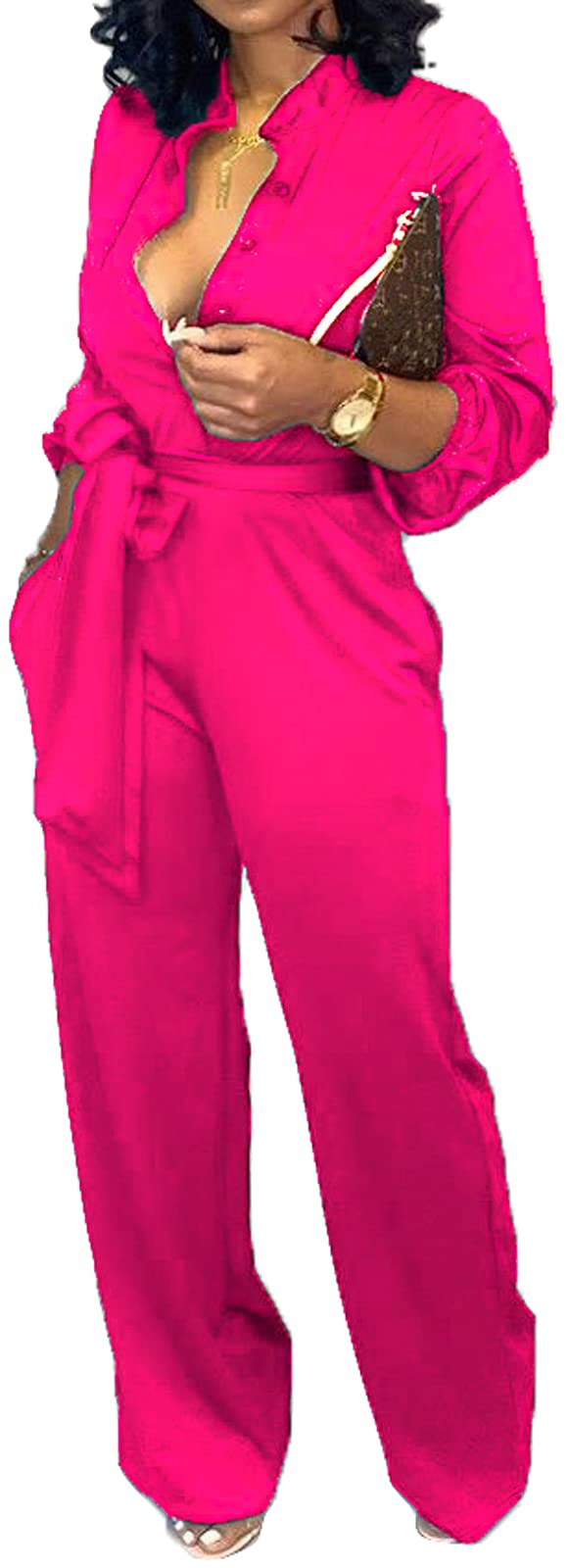 Elegant Women's V-Neck Long Sleeve Jumpsuit with Wide Leg Pants, Belt & Pockets - Perfect for Work, Casual Outings & Date Nights