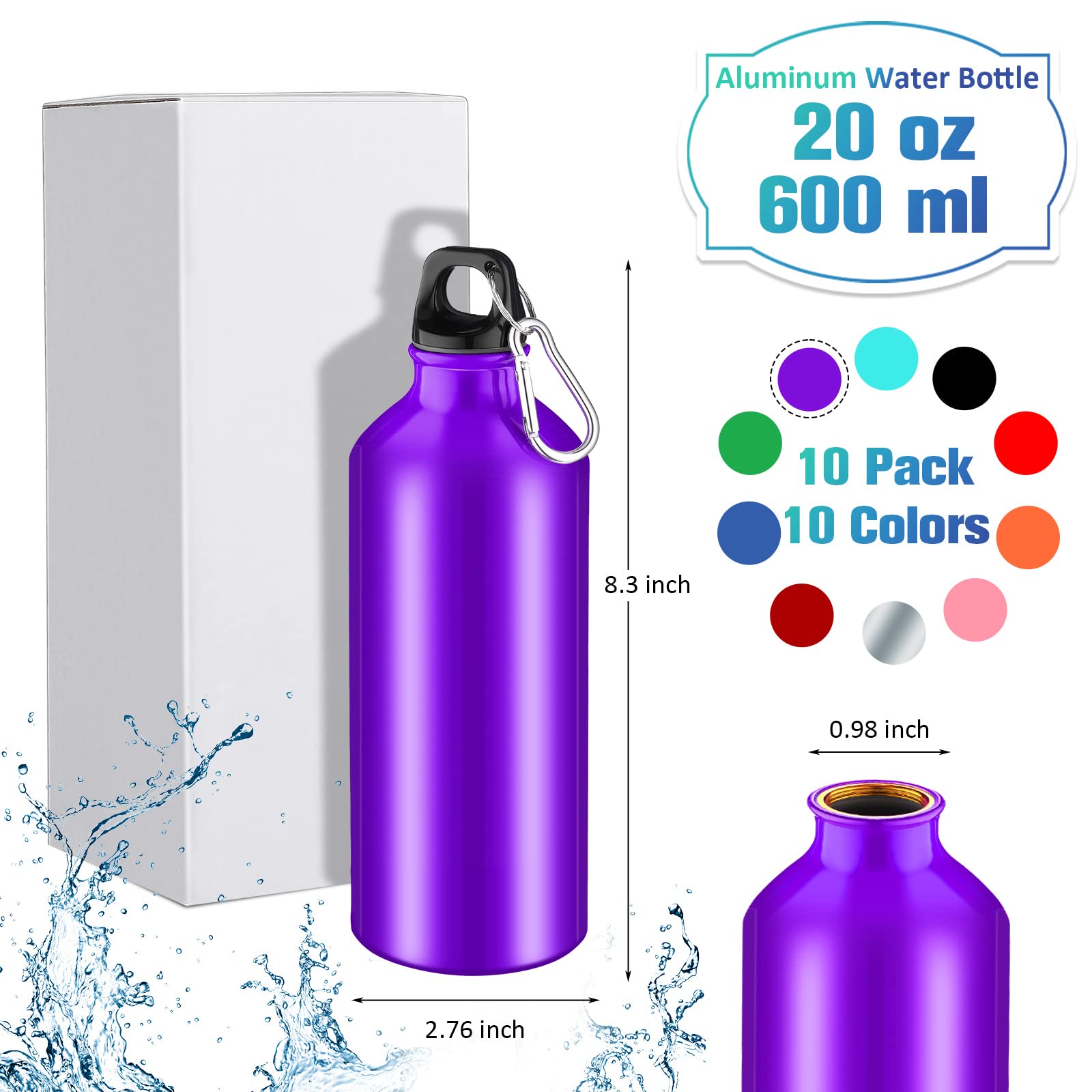 10 Pack 20 oz Aluminum Water Bottles - Lightweight Reusable & Leak Proof with Carabiner Clip - Bulk Sports Water Bottles for Gym, Hiking, Cycling, Camping & Outdoor Activities
