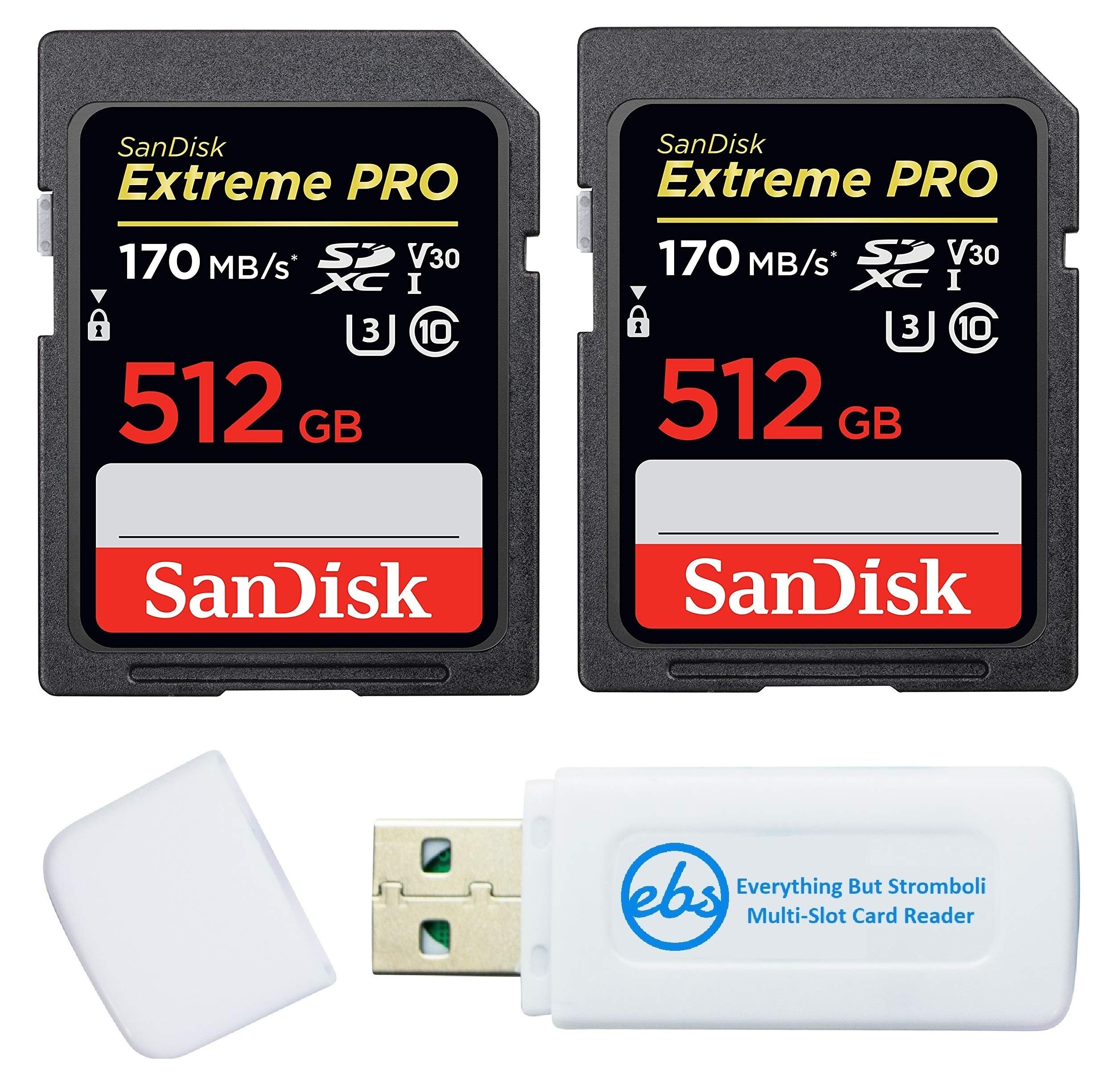 SanDisk Extreme Pro 512GB SDXC UHS-I U3 V30 Memory Card (2-Pack) - High Speed for 4K UHD Video, DSLR Cameras, Laptops - Bundle with MicroSD/SD Card Reader - Perfect for Photography, Videography & Data Storage