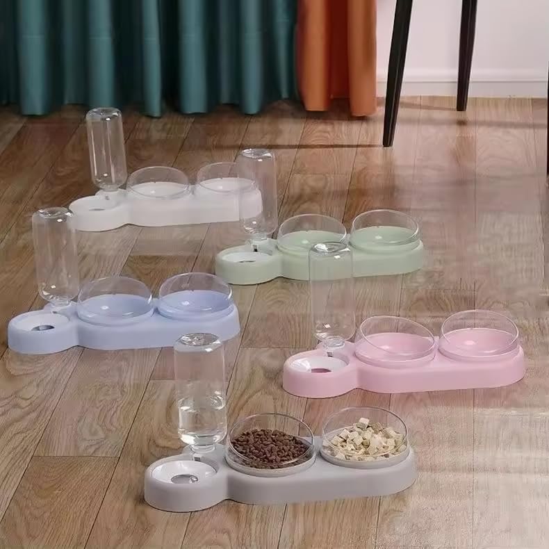 Raised Cat Bowls Set - 2 Food & 1 Water Feeder for Cats & Small Dogs (Green) - Perfect for Home & Travel Use