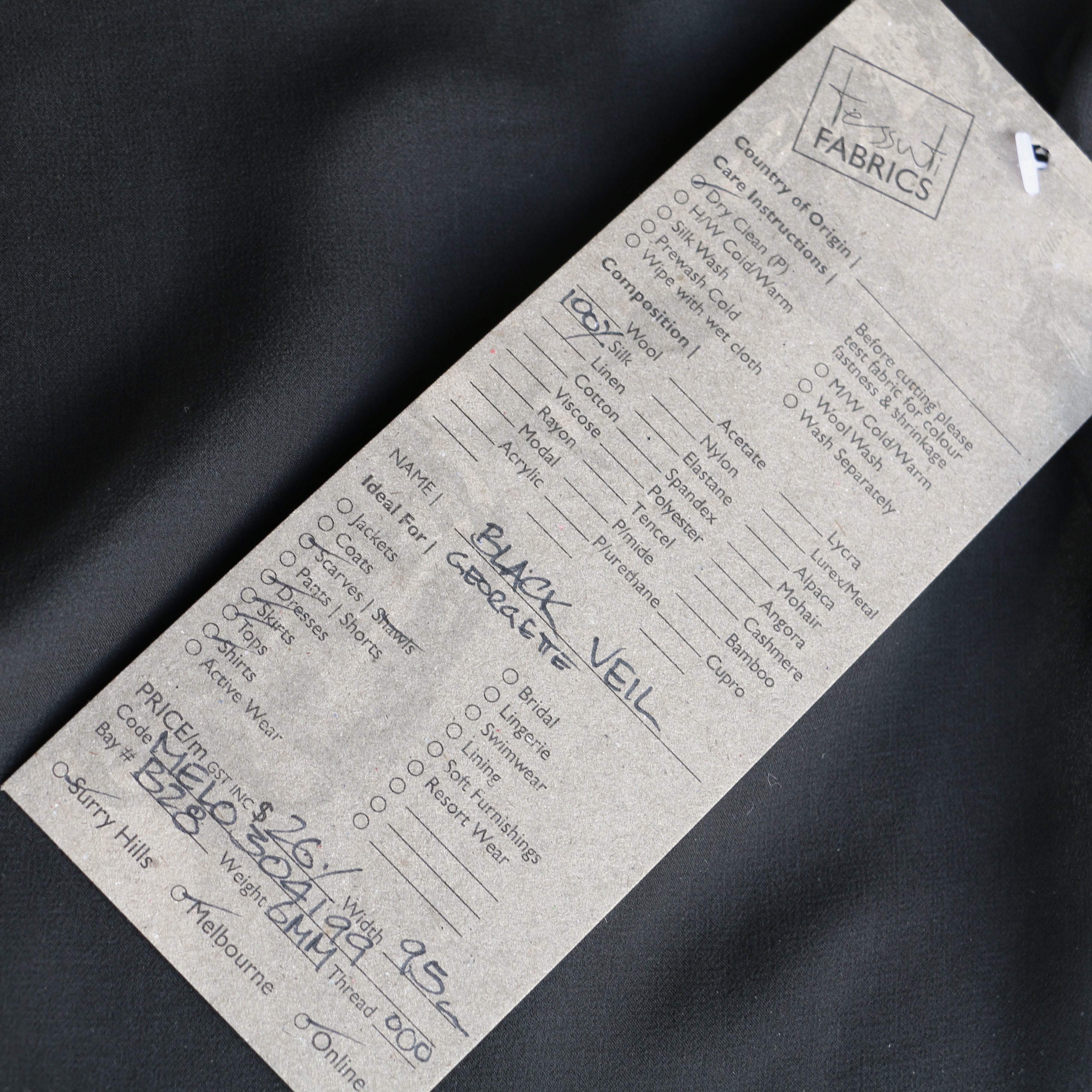Black Veil Silk Georgette Fabric - 95cm Wide Premium Bridal Material for Wedding Dresses, Scarves & Evening Gowns