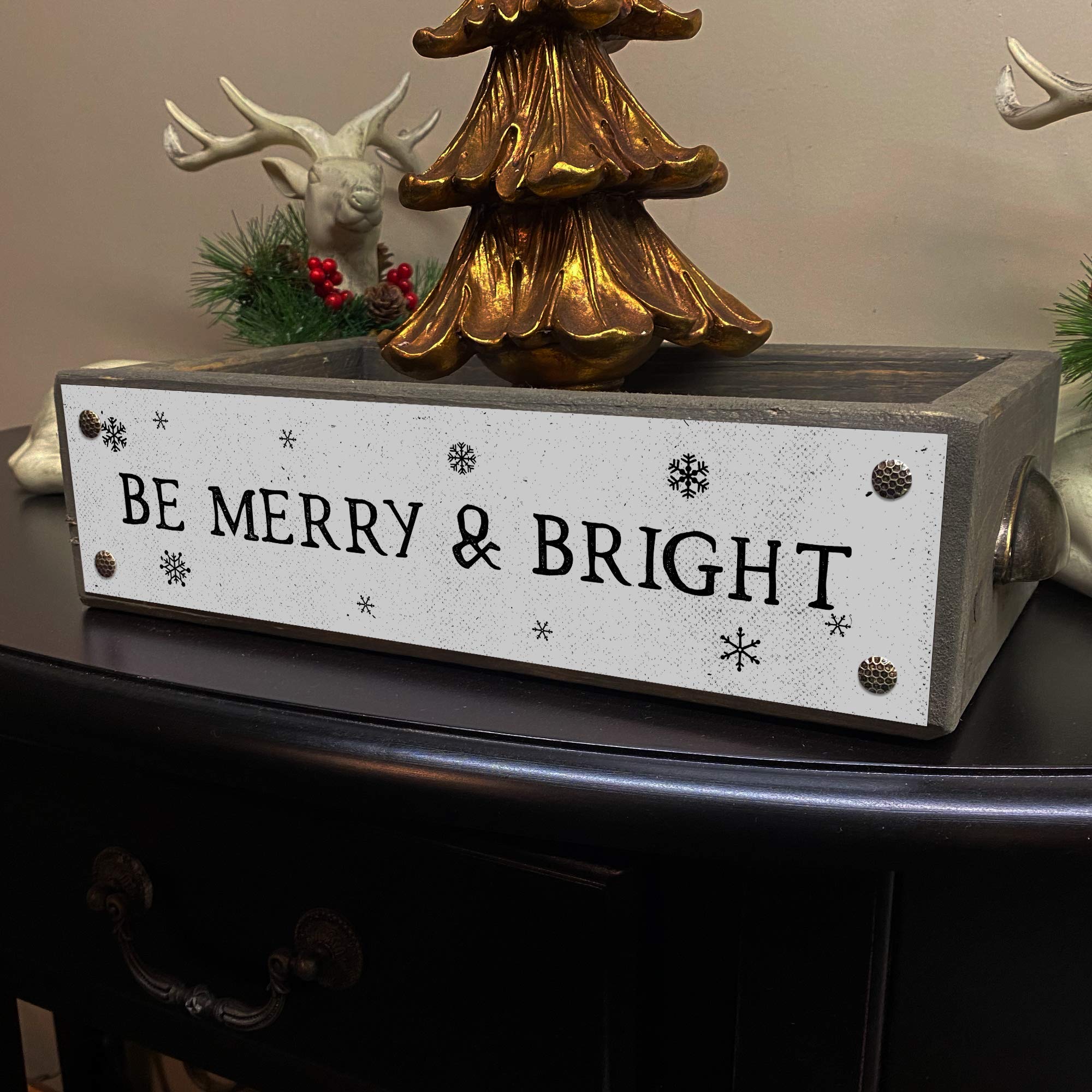 ANVEVO Be Merry And Bright Christmas Wooden Decor Box - Rustic Farmhouse Storage Caddy with Funny Sayings - Holiday Home Décor for Living Room, Mantel & Gift Giving