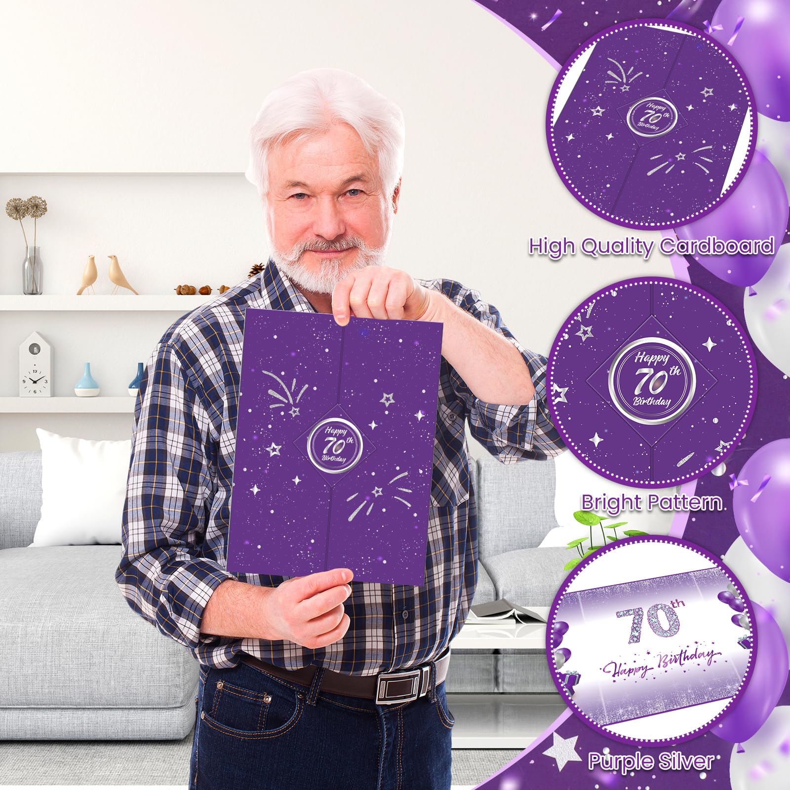 Purple & Silver 70th Birthday Party Decorations Set - Guest Book Alternative, Greeting Cards & Party Supplies for Women & Men - Perfect for 70th Anniversary Celebrations, Milestone Birthday Parties & Retirement Gifts