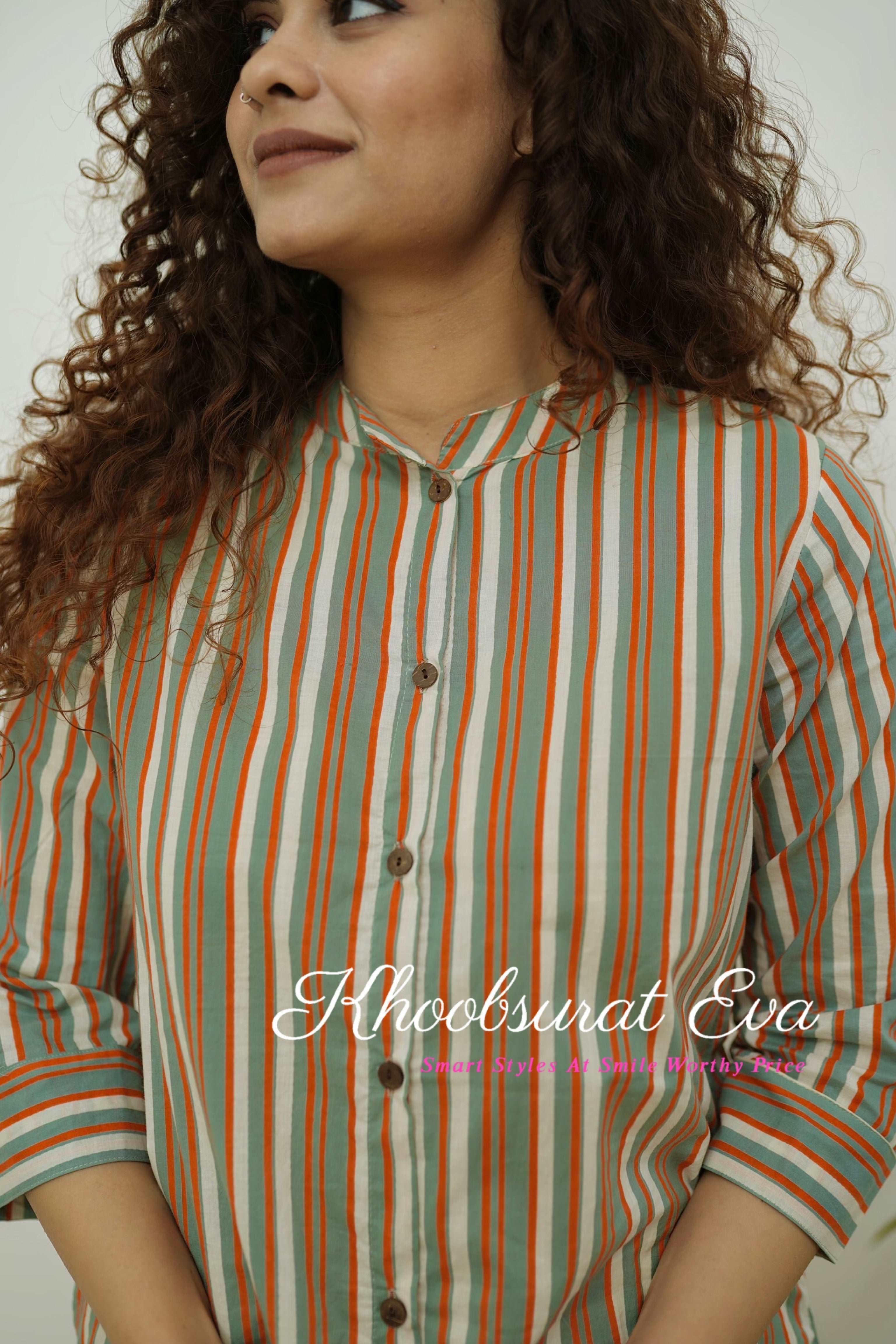 Beige Cotton Stripes Printed Straight Kurta for Women - Comfortable Casual Wear for Everyday & Festive Occasions